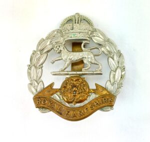 British, Original Royal Hampshire Regimental Bi-Metal Cap Badge, Kings Crown, Brass Slide