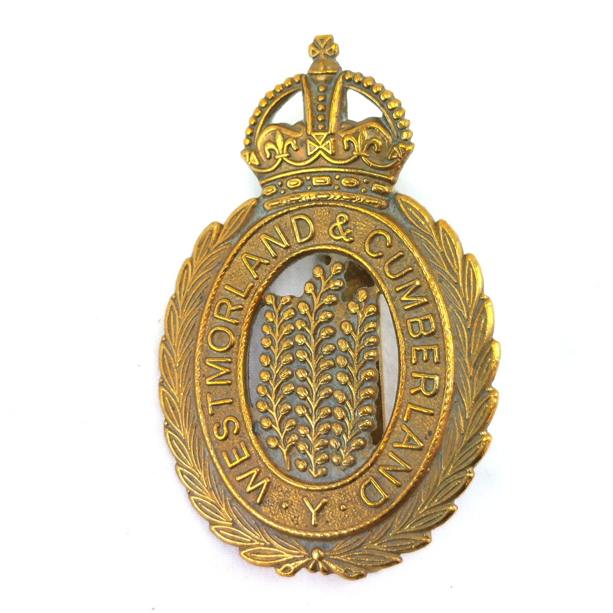 British, Original Westmorland & Cumberland Yeomanry Cap Badge, Kings Crown, Brass Slide