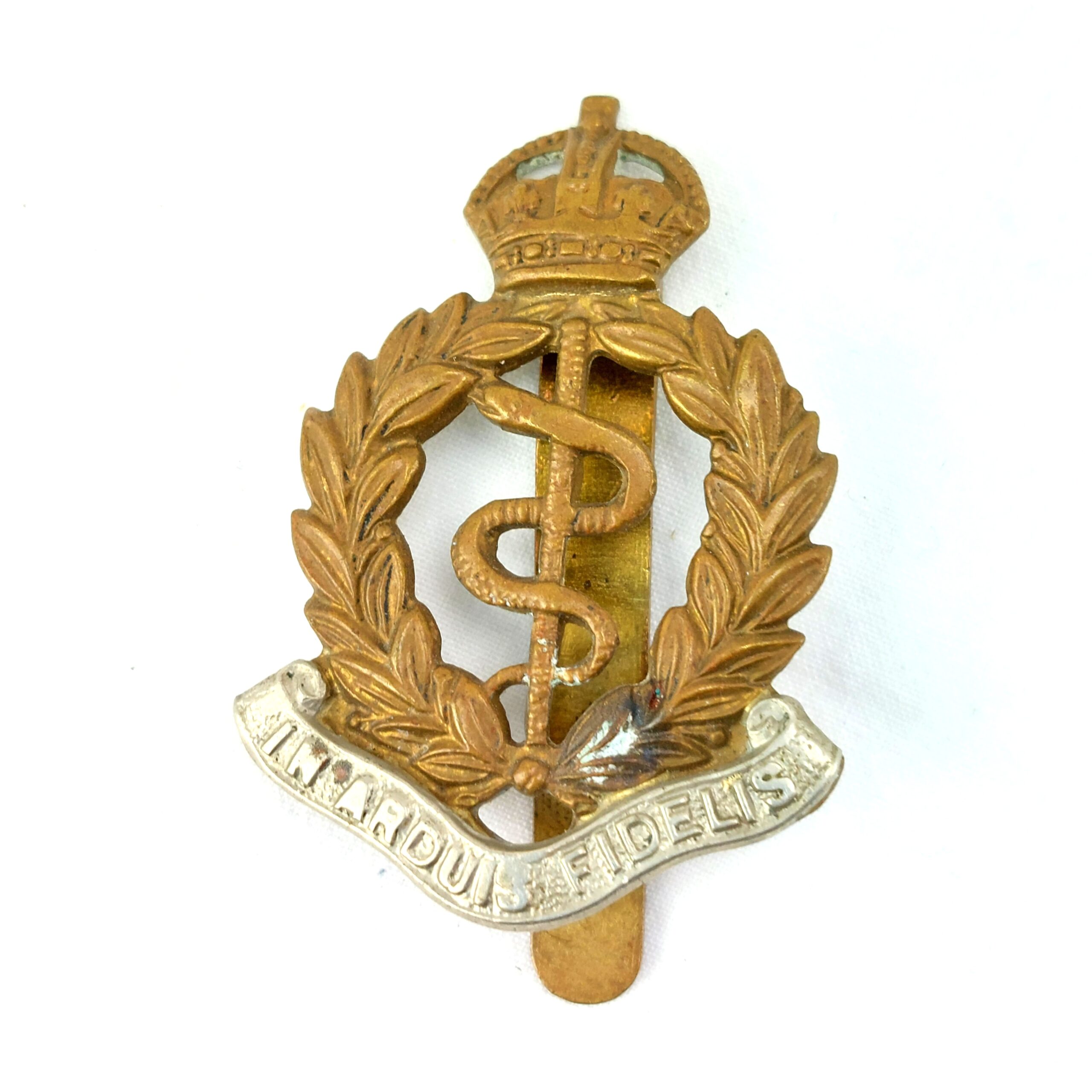 British, Royal Army Medical Corps (RAMC) - In Arduis Fidelis - Bi-Metal Cap Badge, Kings Crown, Brass Slider