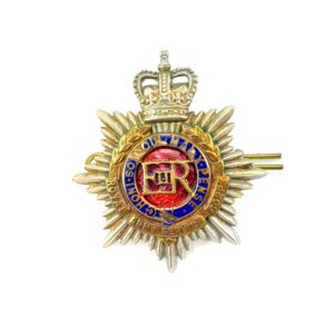 British, Royal Army Service Corps (RASC) Officers Gilt, Enamel & Chrome Collar Badge, QE2 Issue, Made by J.R. Gaunt London, 2 Lugs