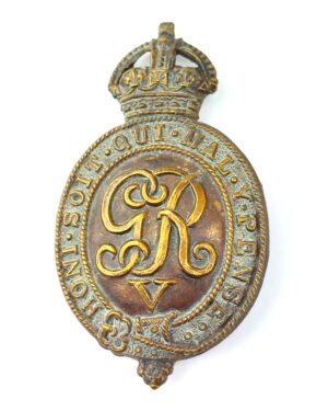 British, WW1, George V Household Battalion Brass Cap Badge, Kings Crown
