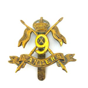 British, WW1, Original 9th Lancers Brass Cap Badge, Kings Crown, Made by J.R. Gaunt London, Brass Slide