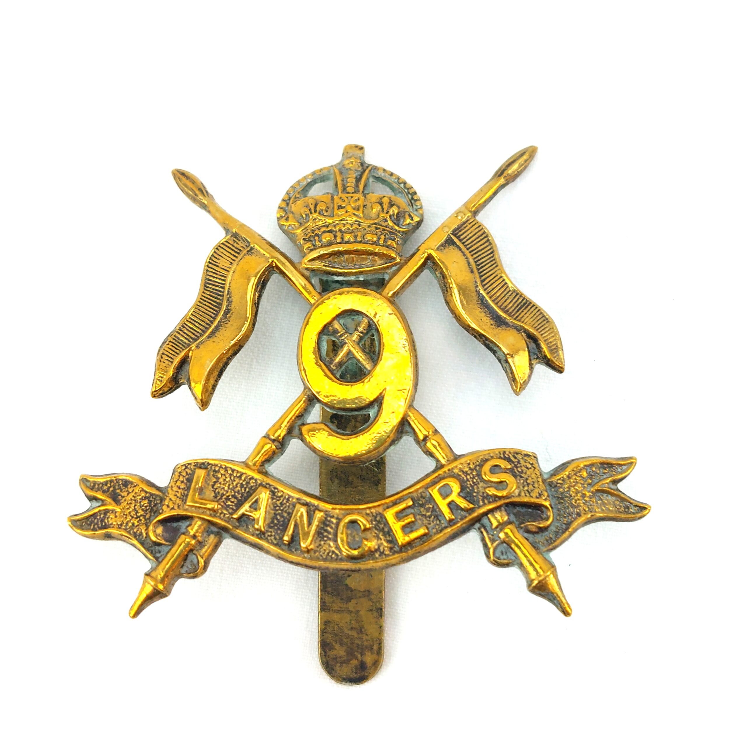 British, WW1, Original 9th Lancers Brass Cap Badge, Kings Crown, Made by J.R. Gaunt London, Brass Slide