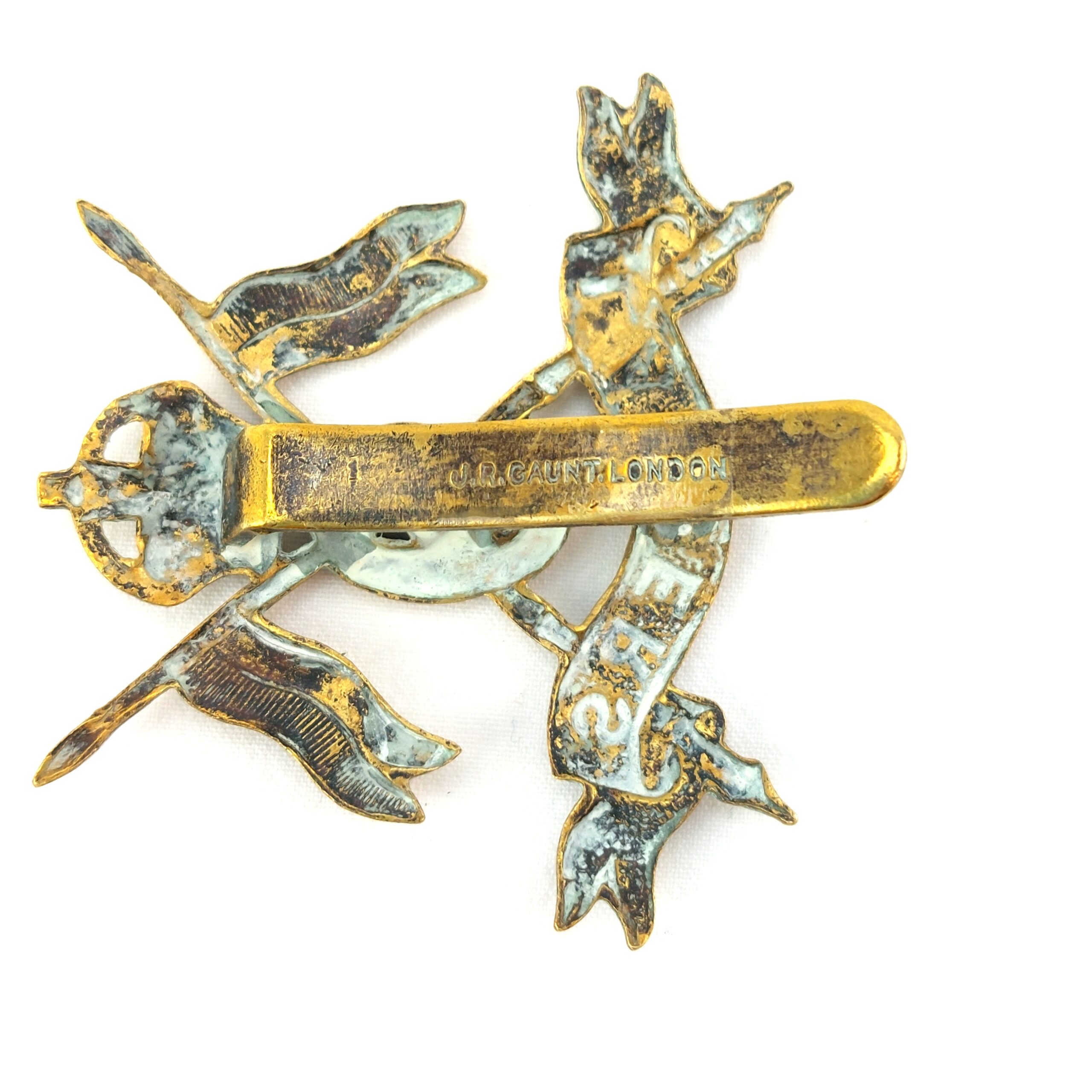 British, WW1, Original 9th Lancers Brass Cap Badge, Kings Crown, Made by J.R. Gaunt London, Brass Slide - Image 2