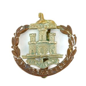 British, WW1, Original Dorsetshire Bi-Metal Cap Badge, Wide Wreath Early Pattern, Brass Slide