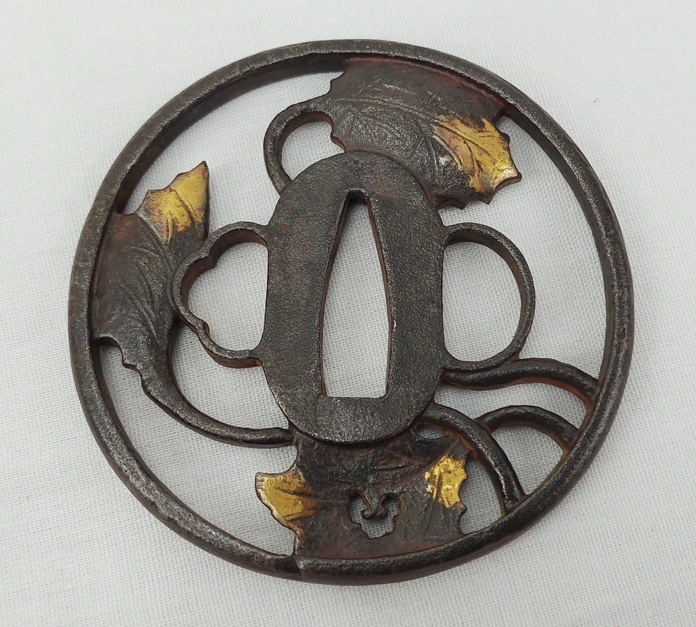 Excellent Edo Period Japanese Katana Steel Tsubu With Gilt Holly Leaves - Image 4