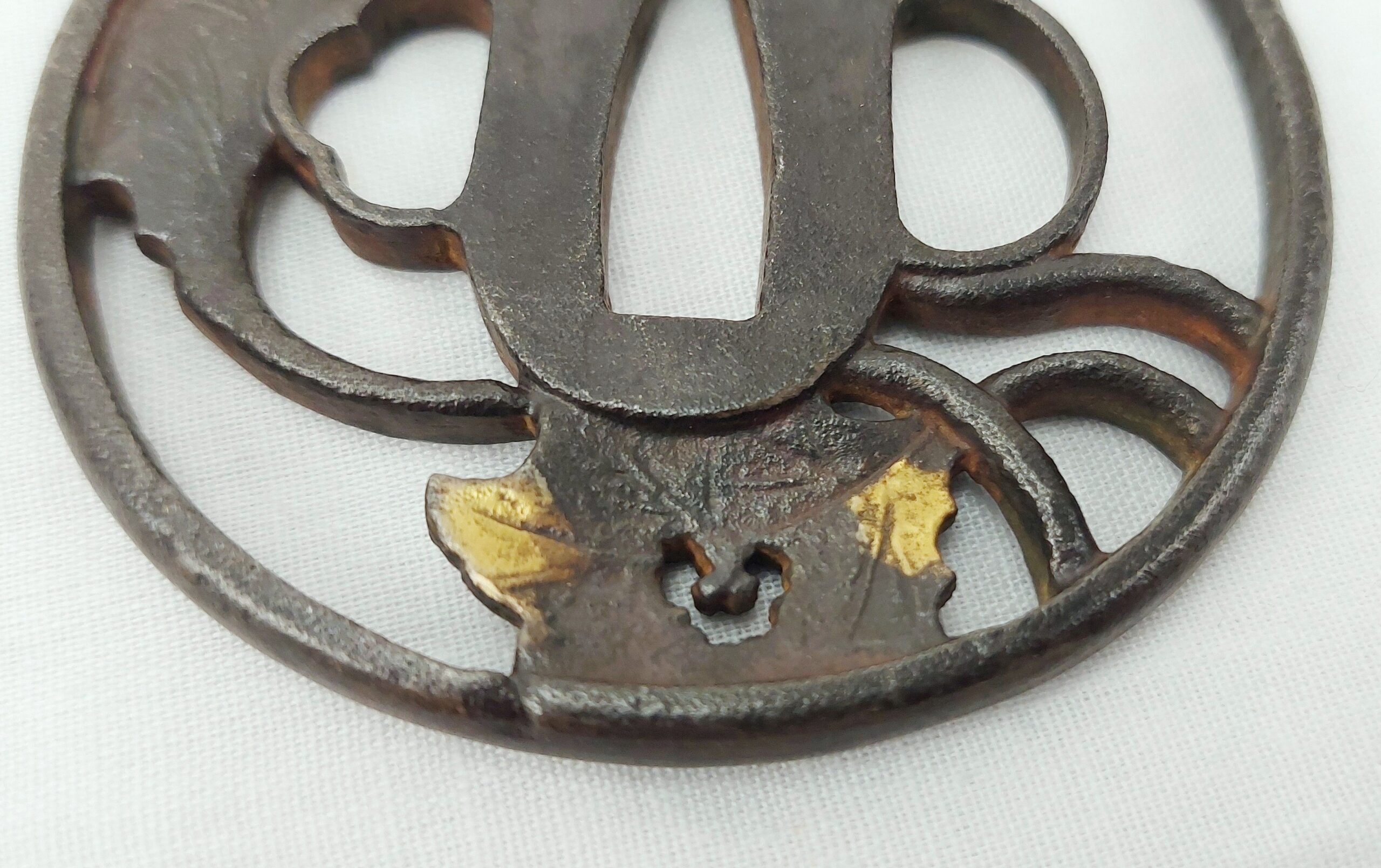 Excellent Edo Period Japanese Katana Steel Tsubu With Gilt Holly Leaves - Image 3