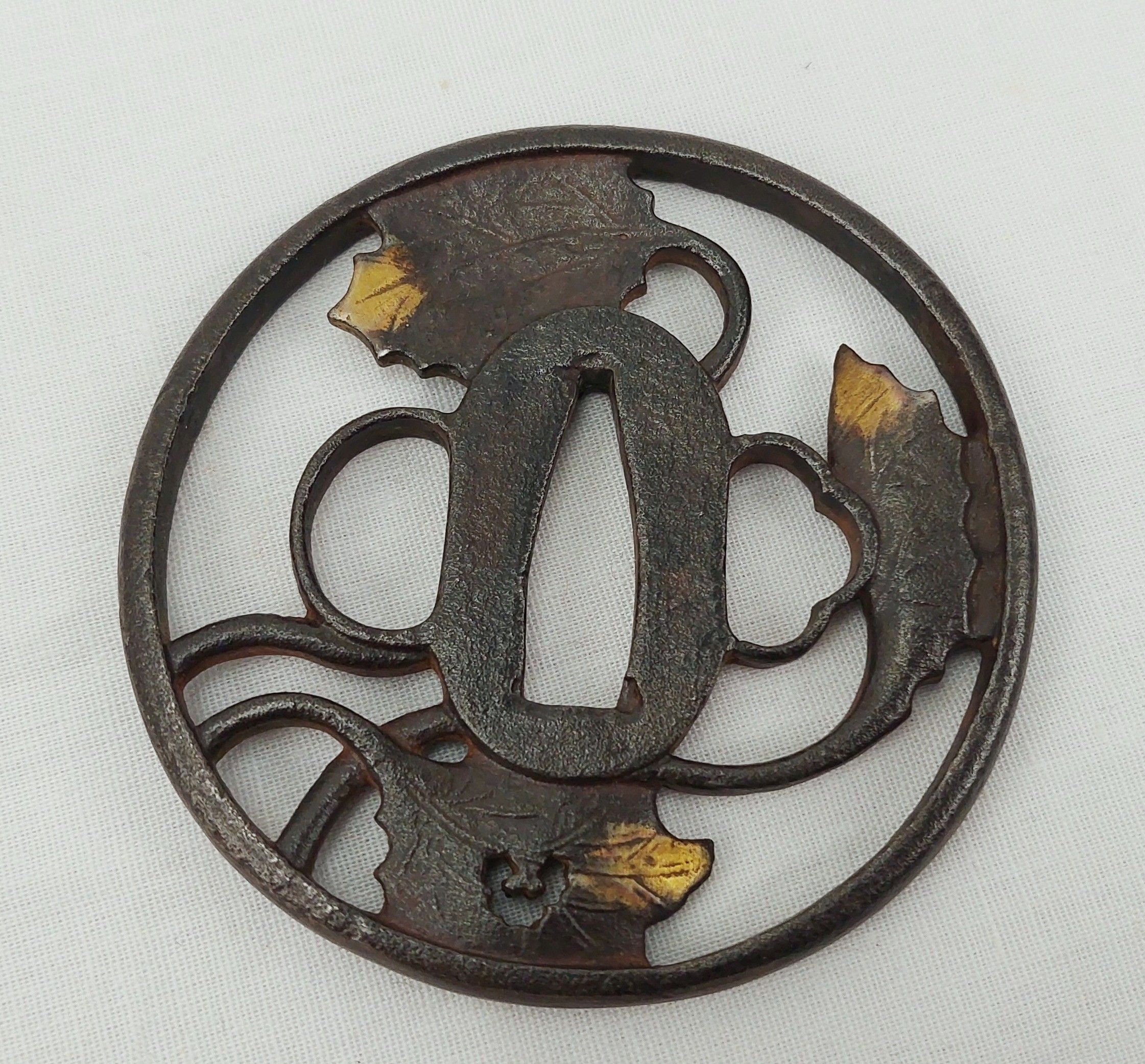 Excellent Edo Period Japanese Katana Steel Tsubu With Gilt Holly Leaves - Image 2