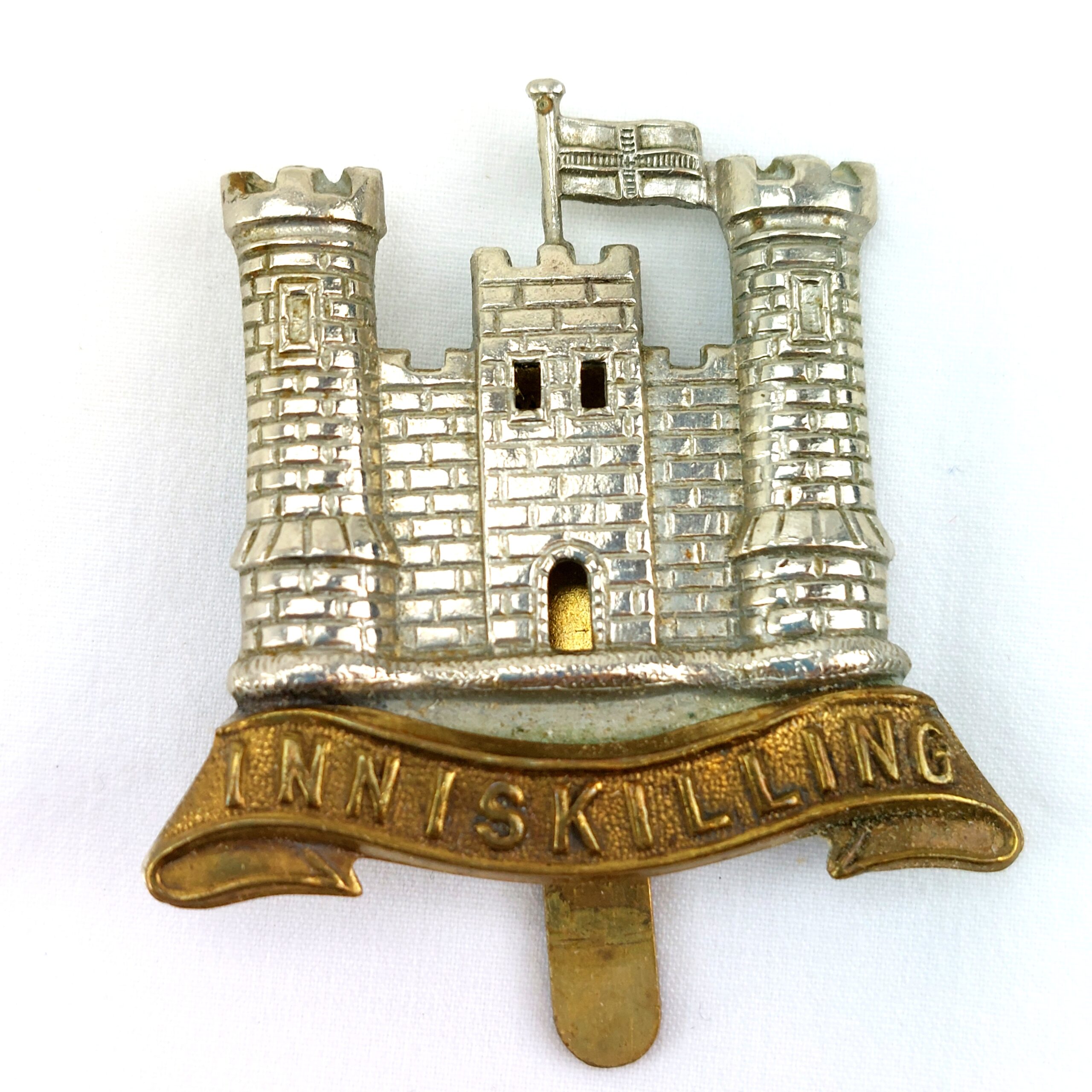 Irish, WW1, Original 6th Inniskilling Dragoons Bi-Metal Cap Badge, Brass Slide