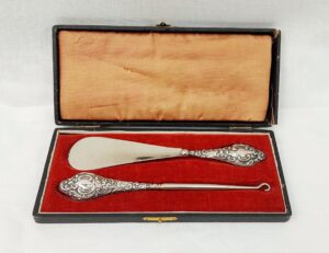 Cased Set of Silver & Steel Shoe Horn & Button Hook Chester 1910