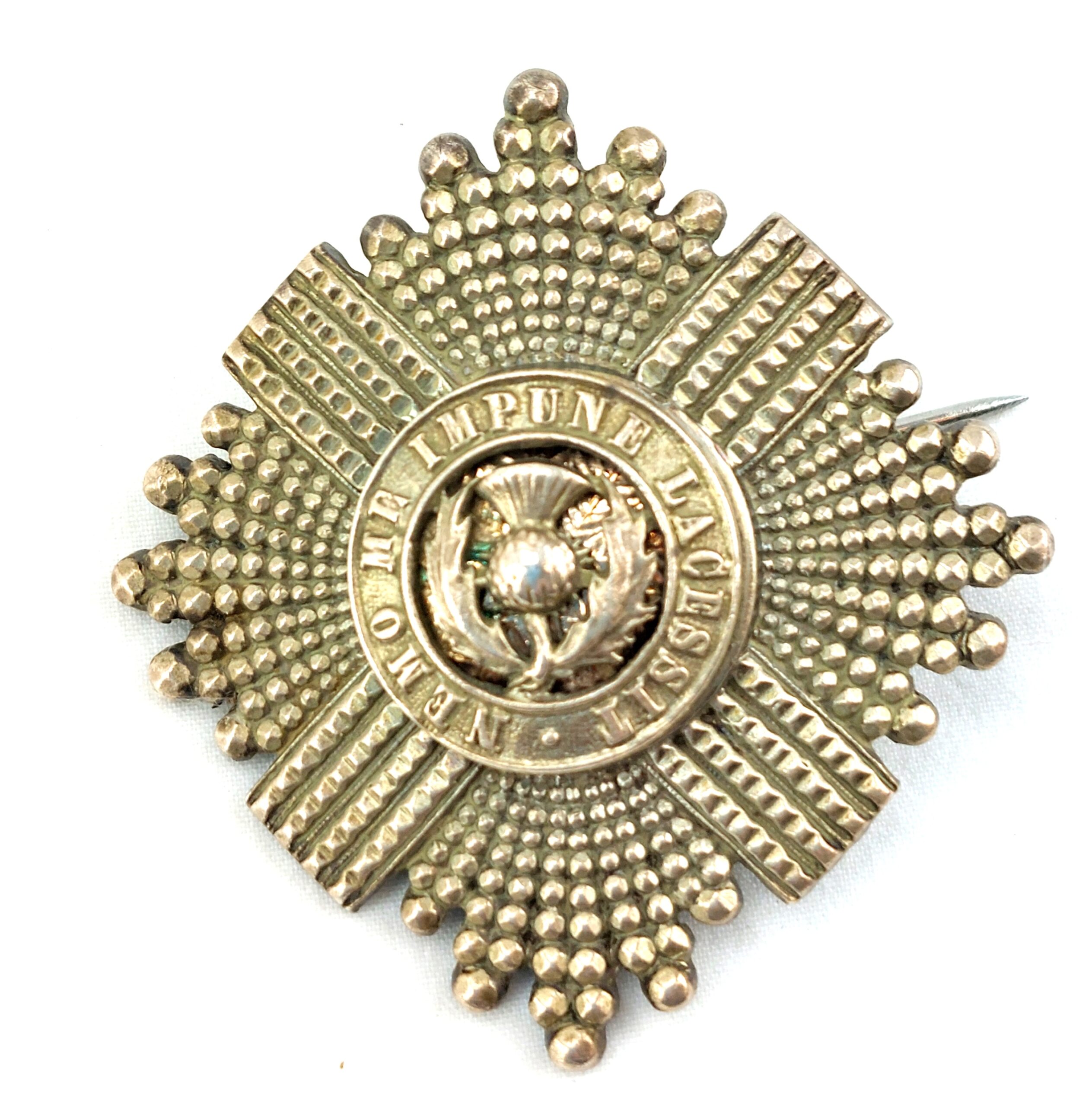Scottish, 1902-1908, Original The Royal Scots Guards 9th Volunteer Battalion (VB) White Metal-Silver Plate Cap Badge, Brooch