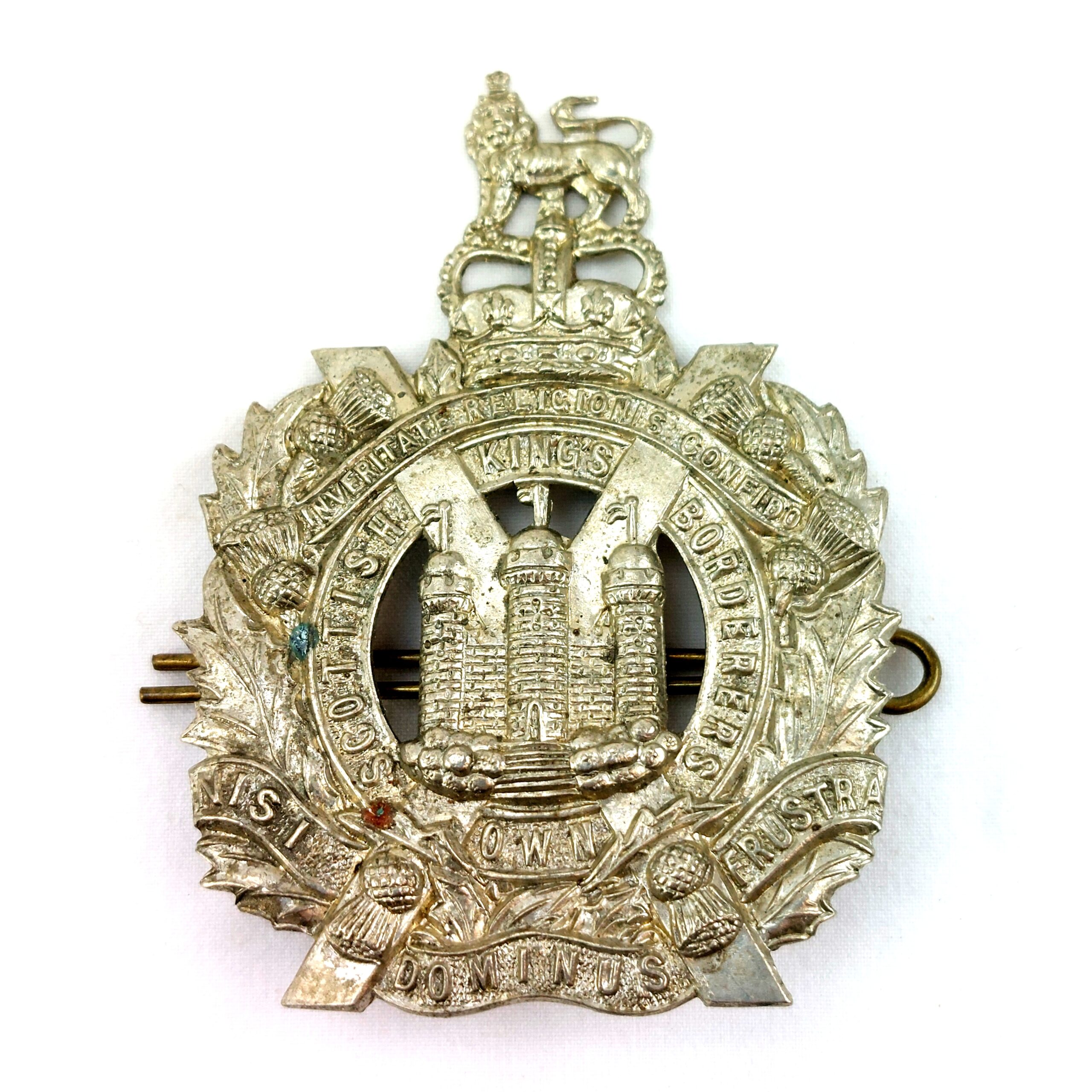 Scottish, Original Kings Own Scottish Borderers (KOSB) (25th Foot) White Metal Cap Badge, Queens Crown, 2 Lugs