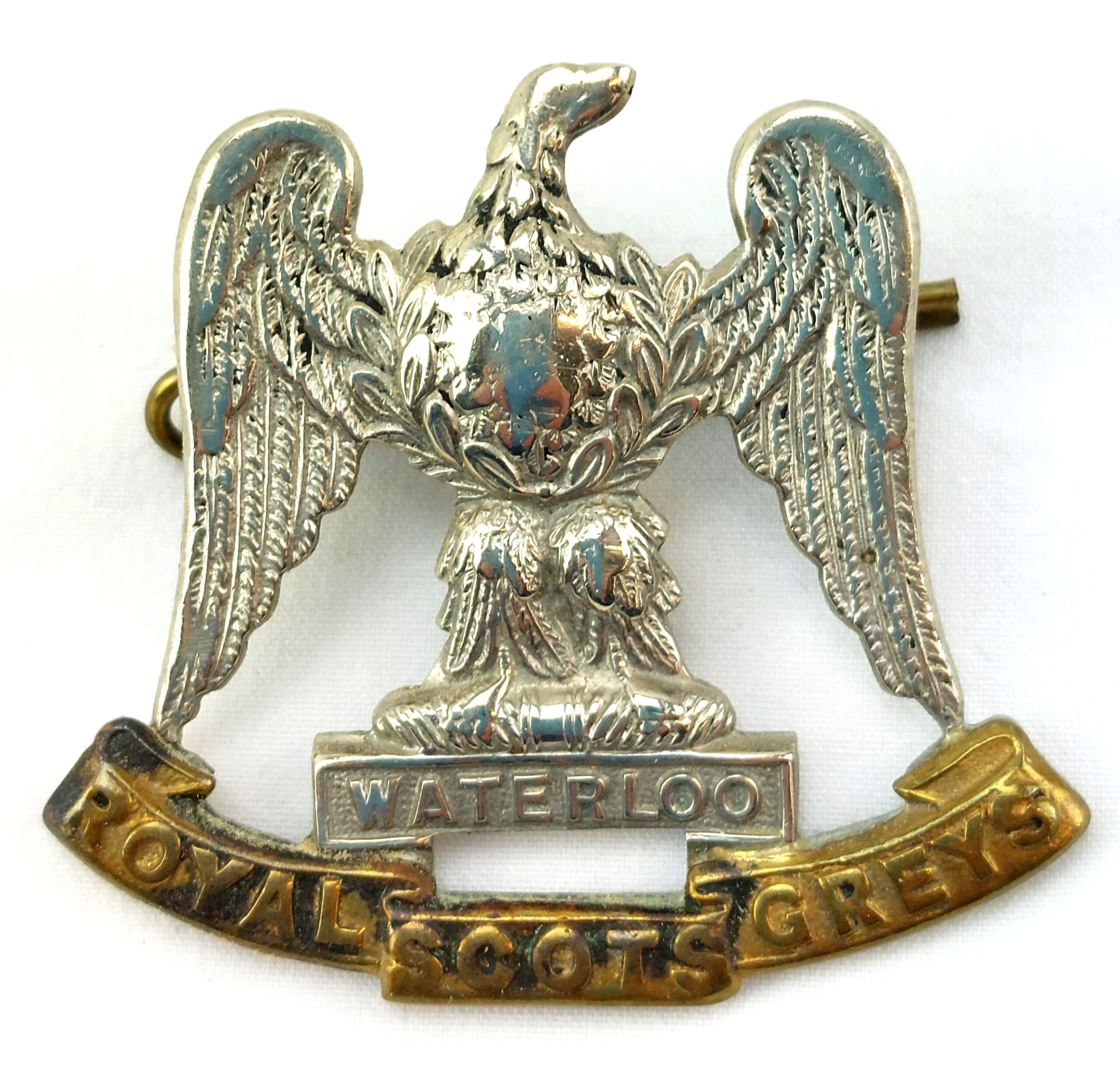 Scottish, Original Royal Scots Greys -Waterloo- Bi-Metal Cap Badge, 2 Lugs