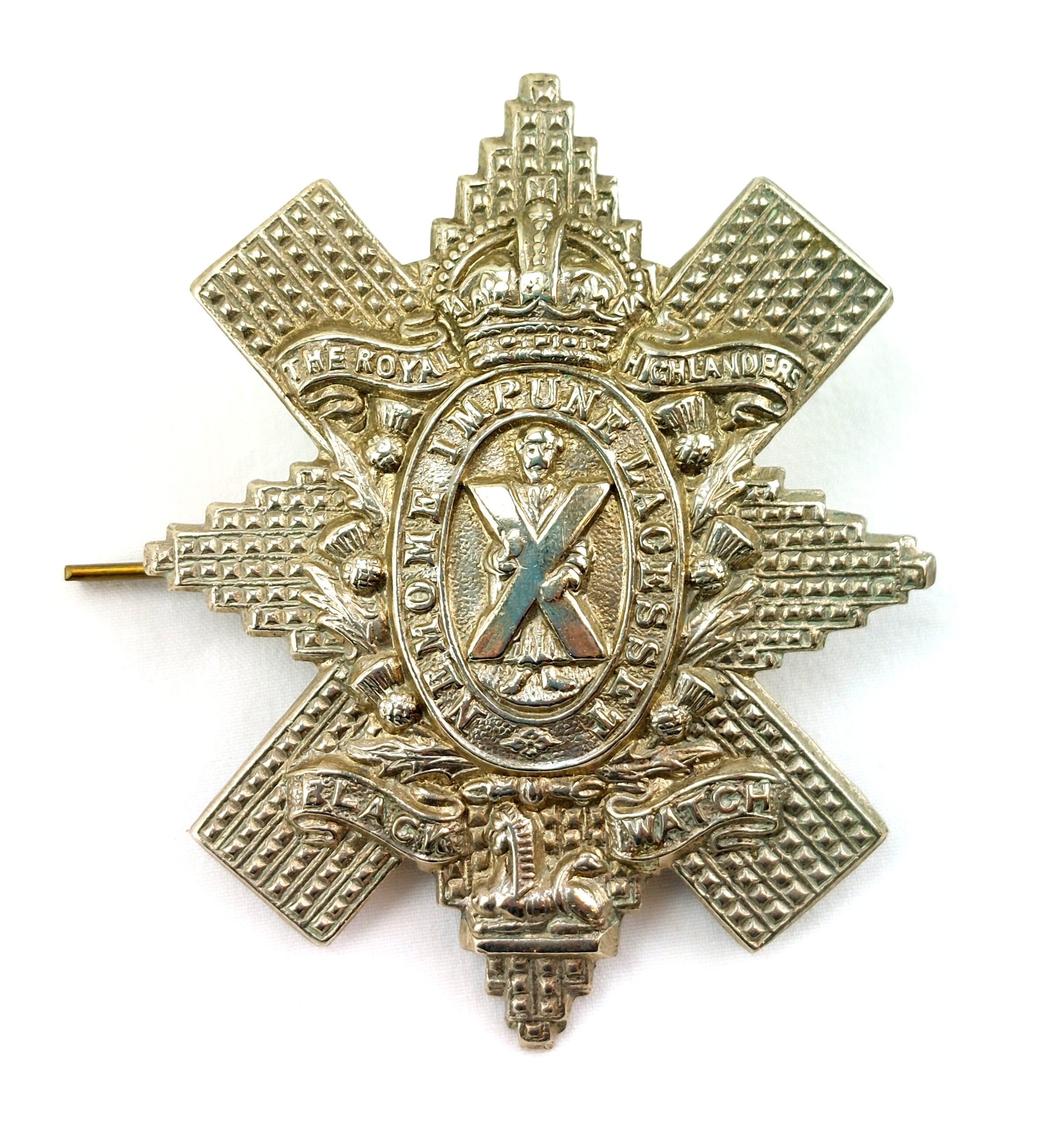Scottish, WW1, Original The Royal Highlanders Black Watch White Metal Cap Badge, Kings Crown, 2 Lugs