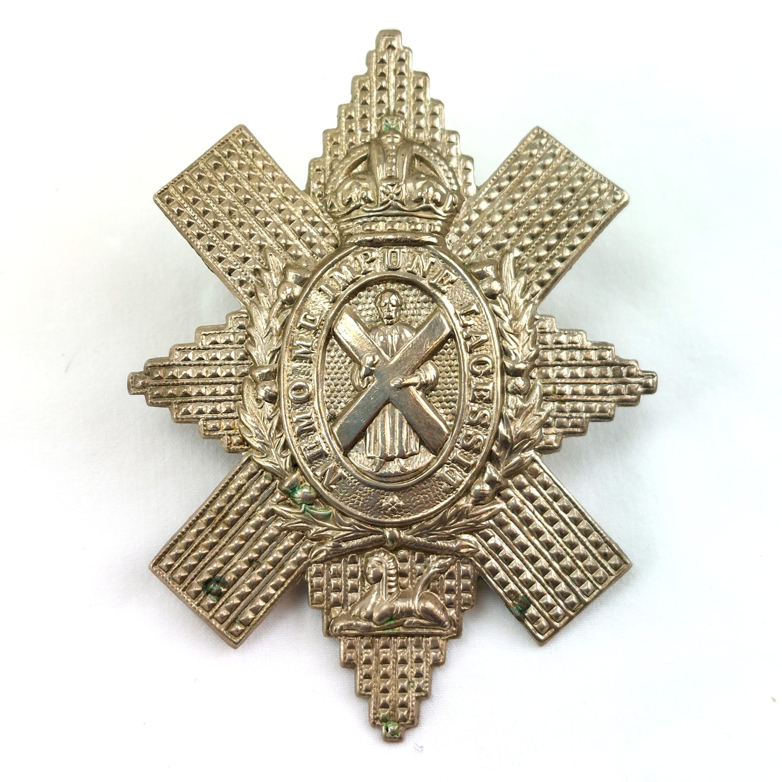 Scottish, WW2, Original Black Watch Royal Highlanders White Metal Cap Badge, Kings Crown, 2 Lugs