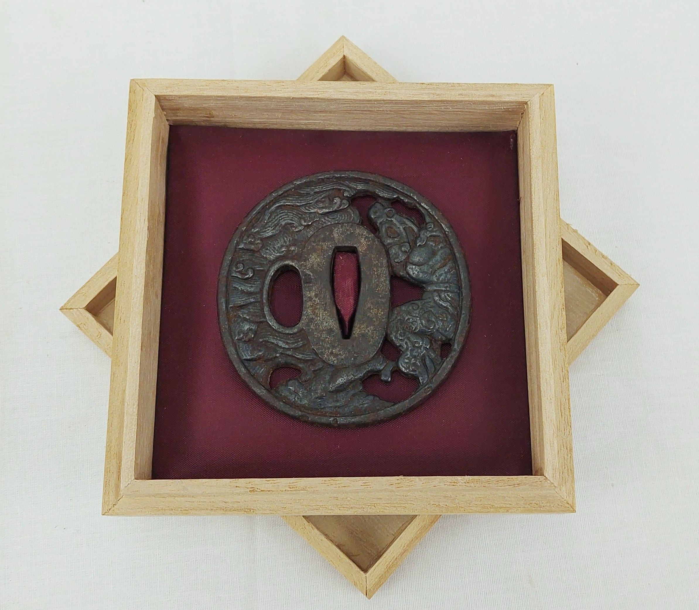 Signed Edo Period Japanese Katana Steel Tsubu With A Sea Dragon