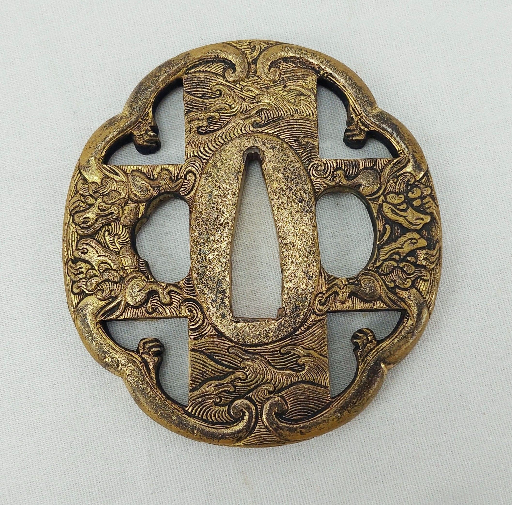 Superb Edo Period Japanese Katana Gilt Steel Tsubu With Sea Dragons - Image 7