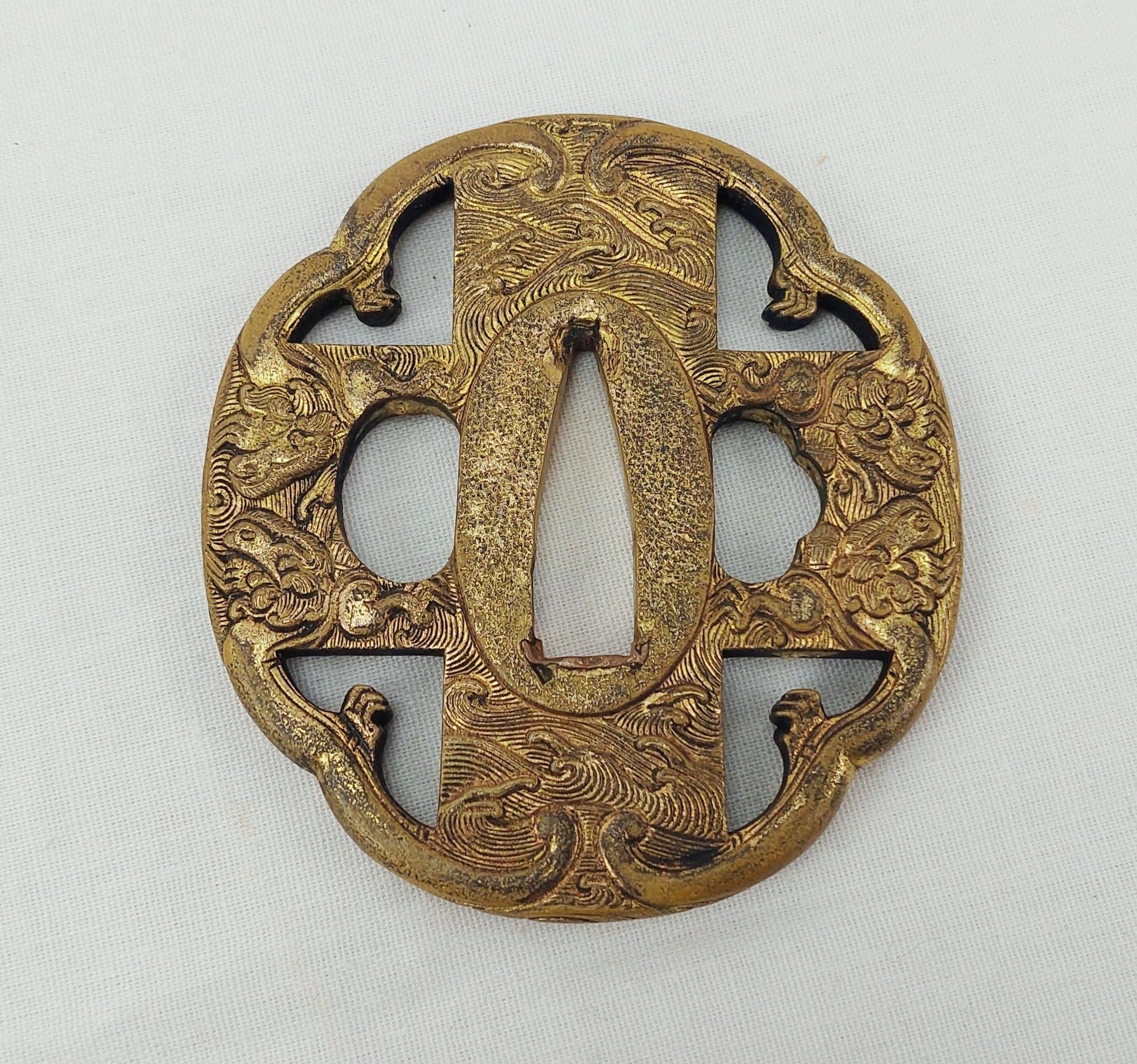 Superb Edo Period Japanese Katana Gilt Steel Tsubu With Sea Dragons - Image 4