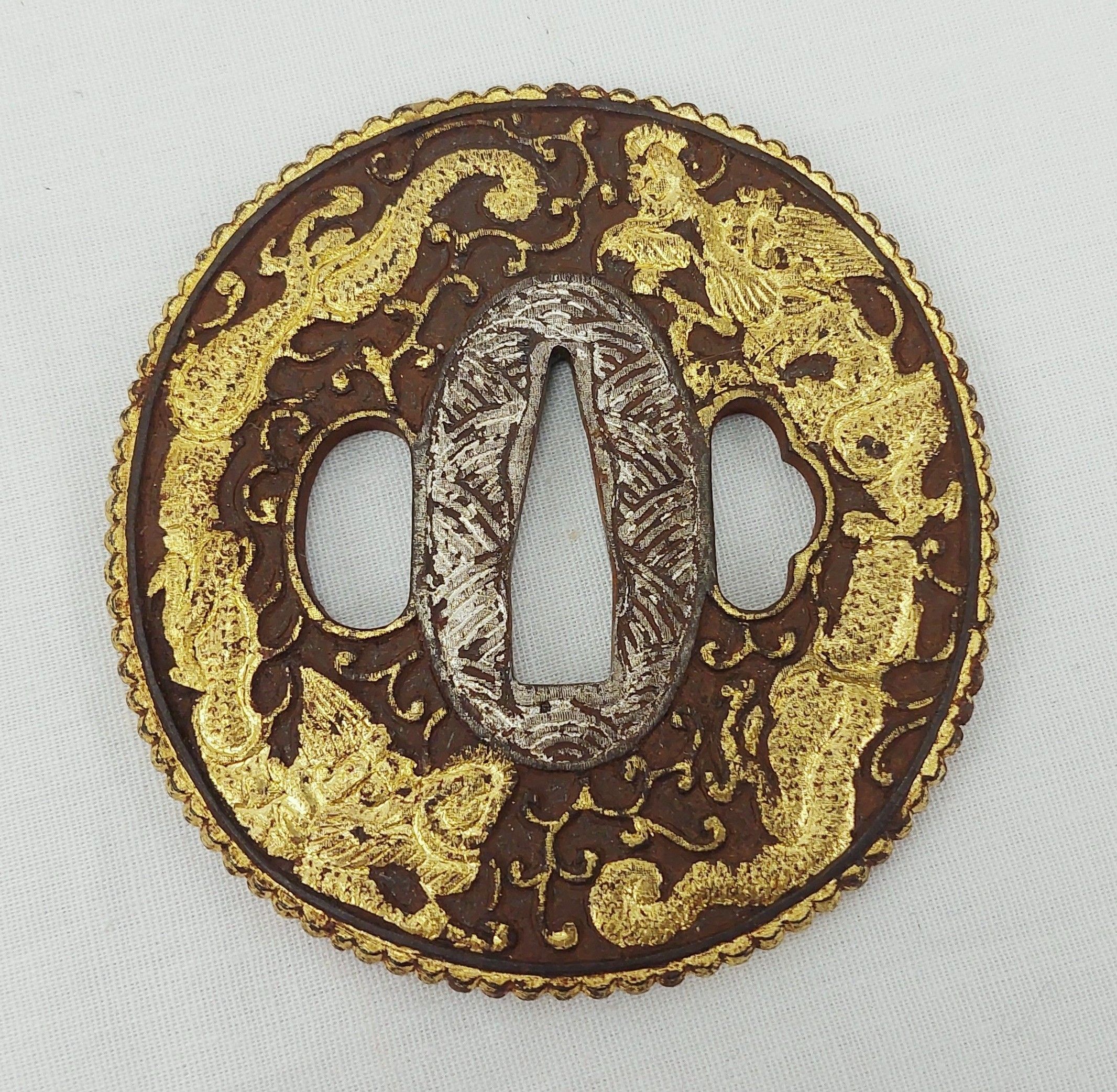 Superb Edo Period Japanese Katana Gold And Silver Gilt Steel Tsubu With Dragons - Image 3