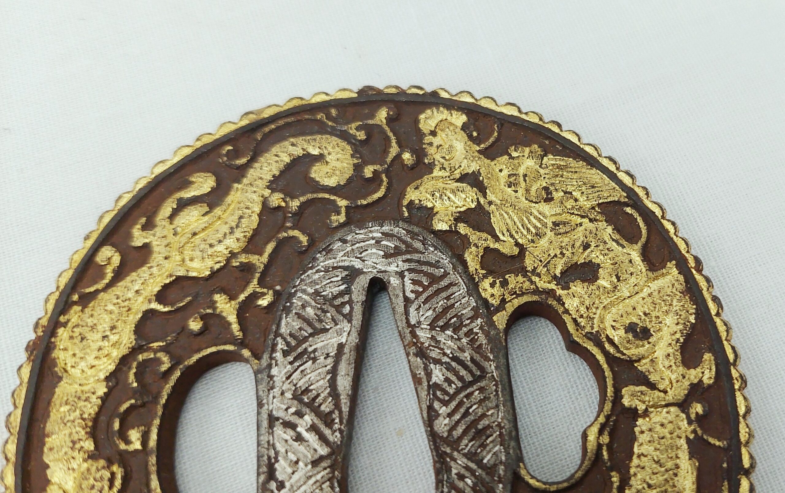 Superb Edo Period Japanese Katana Gold And Silver Gilt Steel Tsubu With Dragons - Image 5