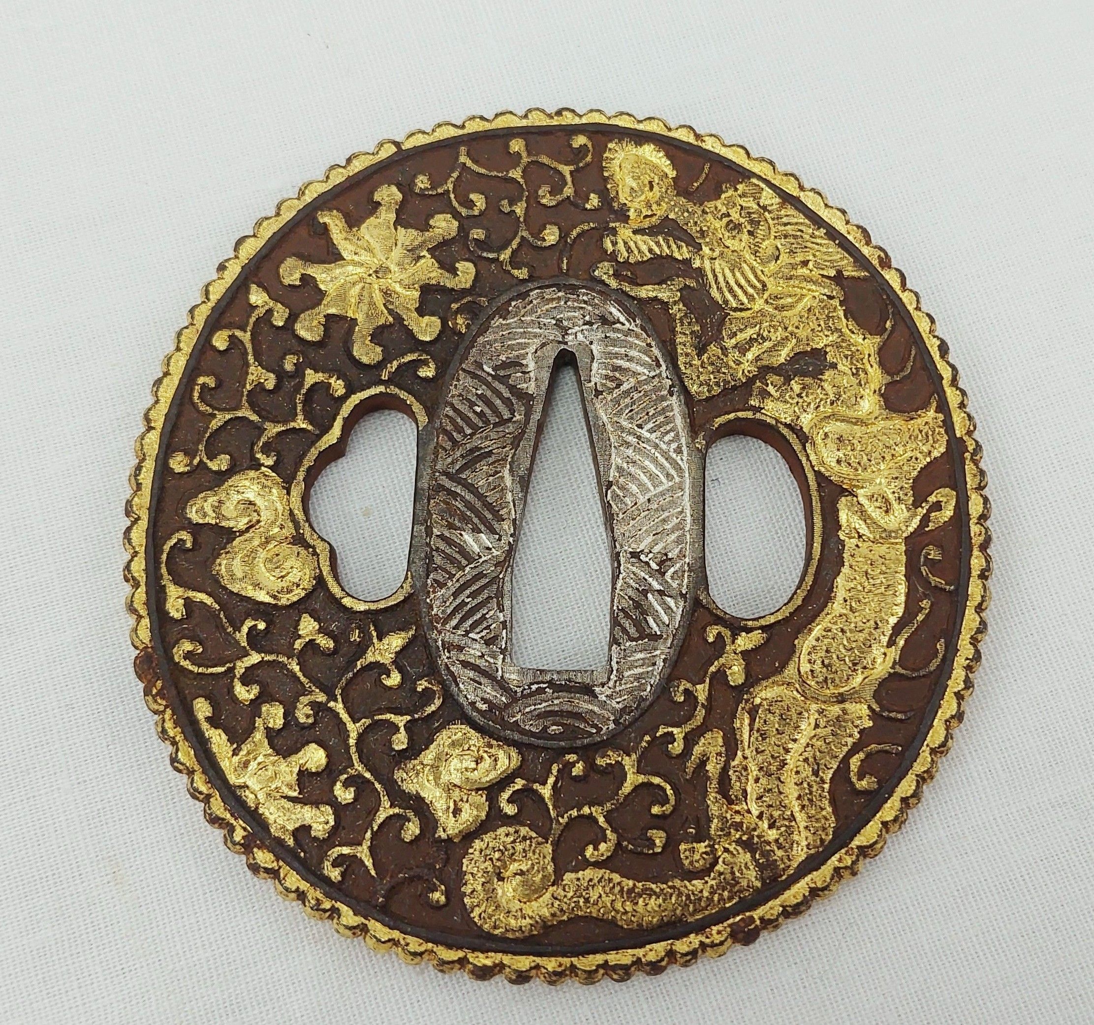 Superb Edo Period Japanese Katana Gold And Silver Gilt Steel Tsubu With Dragons - Image 2
