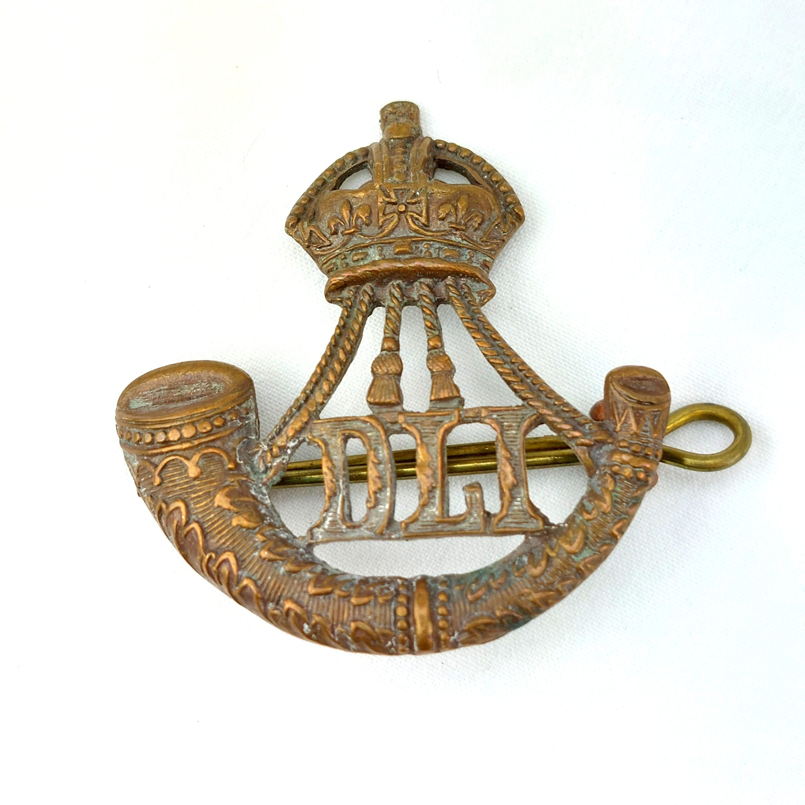 British, Original Durham Light Infantry (DLI) Brass Cap Badge, Kings Crown, 2 Lugs, Marked JR Gaunt London