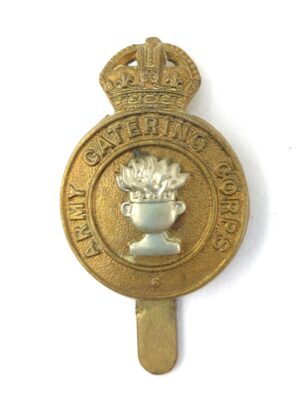 British, Original Army Catering Corps Bi-Metal Cap Badge, Brass Slide, Maker Marked Buttons Ltd Birmingham, Kings Crown