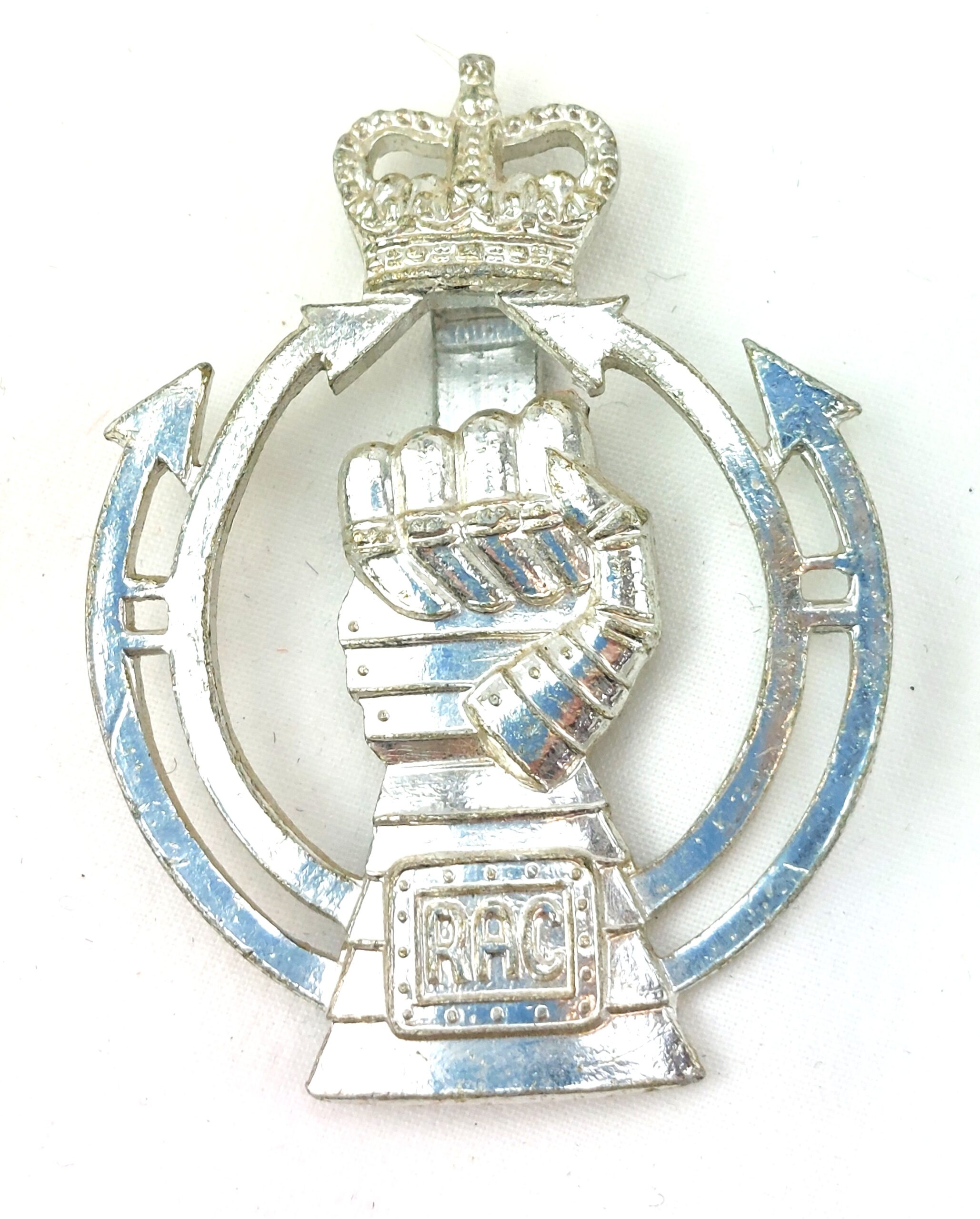 British, Original Royal Armoured Corps Cap (RAC) Badge, Plastic, Queens Crown, By JR Gaunt London