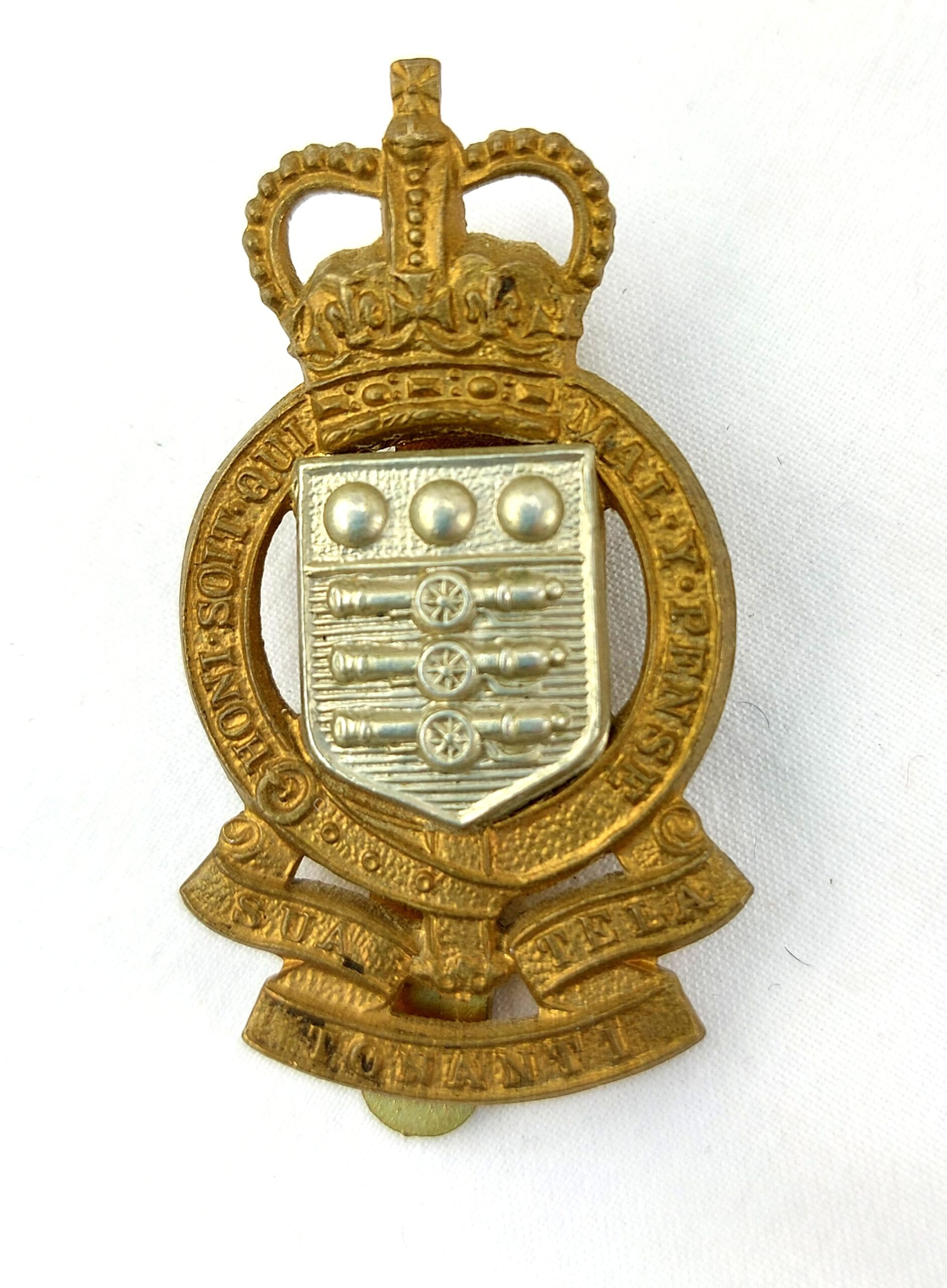 British, Original Royal Army Ordnance Corps Bi-Metal Cap Badge, Queens Crown, Maker Marked JR Gaunt London, Brass Slide