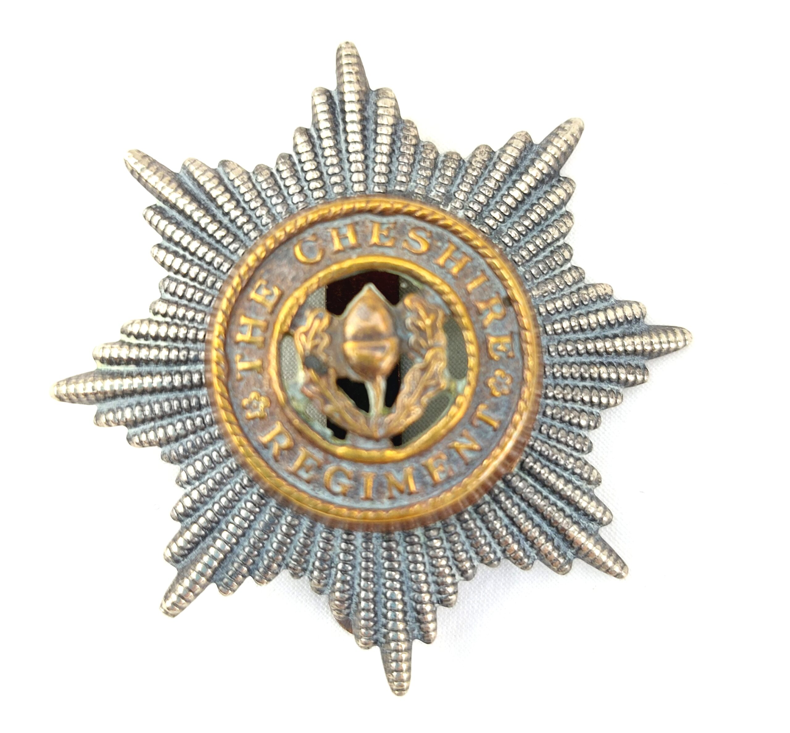 British, Original The Cheshire Regiment Cap Badge, Bi-Metal, Brass Slide