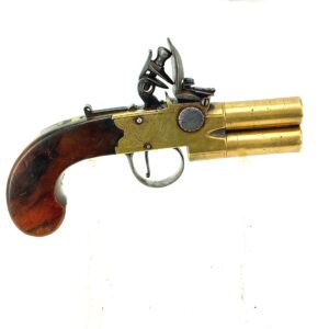 British, c1820, Over and Under Double Barrel Tap Action Flintlock Pocket Pistol with Safety, By Cook of Bath, Obsolete Calibre