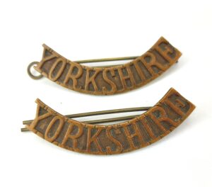 British, Pair Red Cross YORKSHIRE Volunteer Detachment Brass Shoulder Title Badges, 2 Lugs