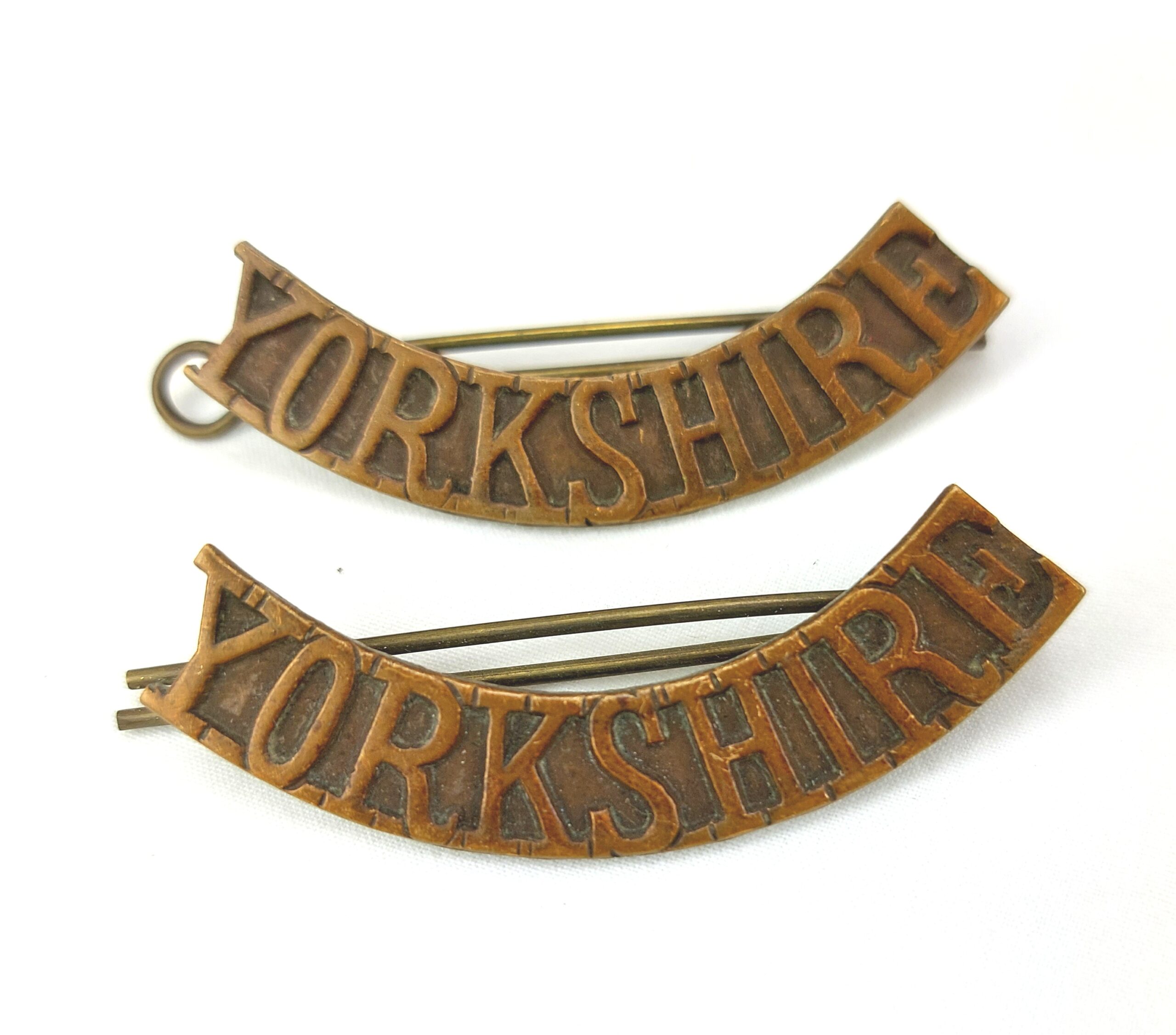 British, Pair Red Cross YORKSHIRE Volunteer Detachment Brass Shoulder Title Badges, 2 Lugs