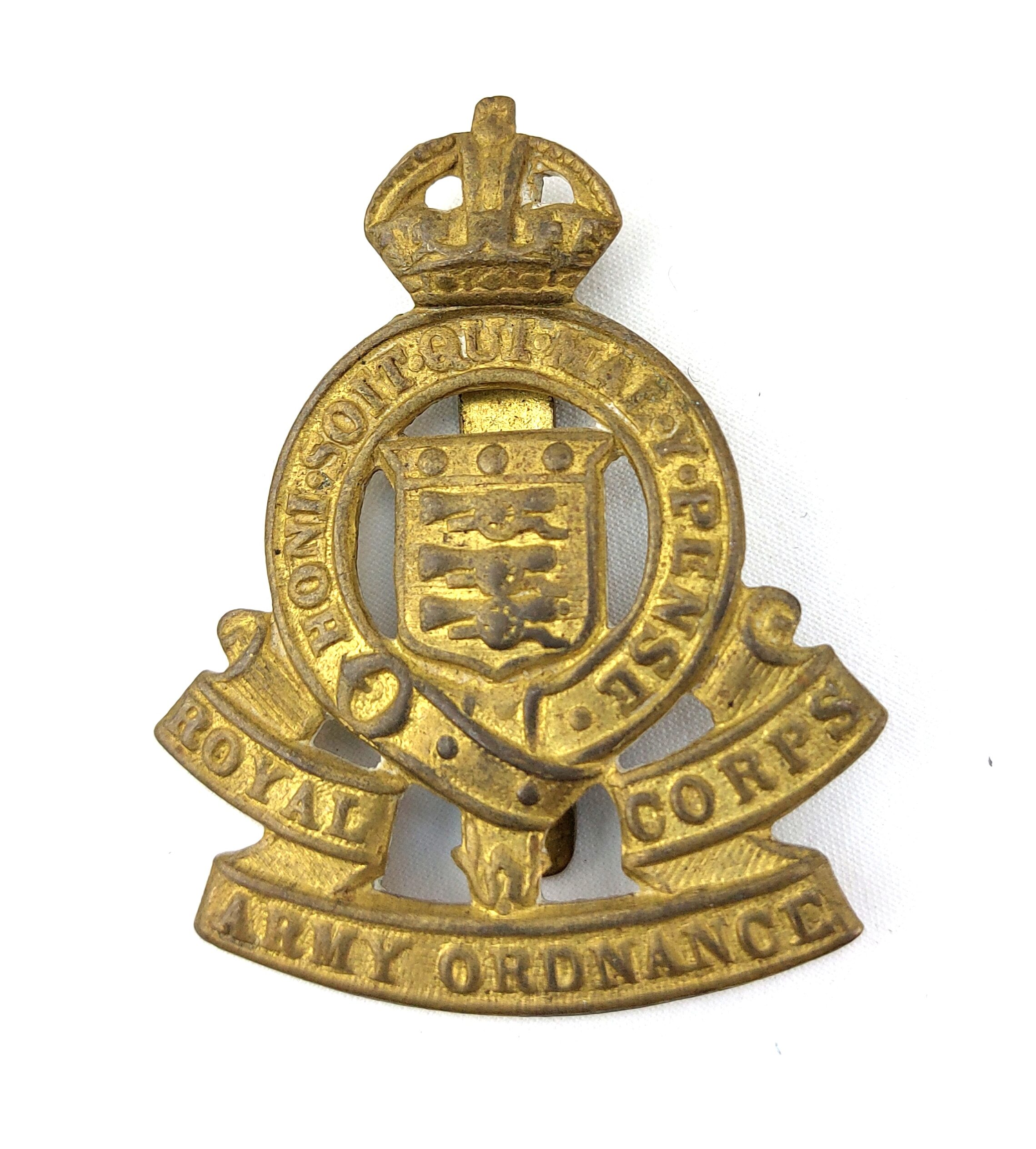 British, Royal Army Ordnance Corps Brass Cap Badge, Kings Crown, Brass Slide