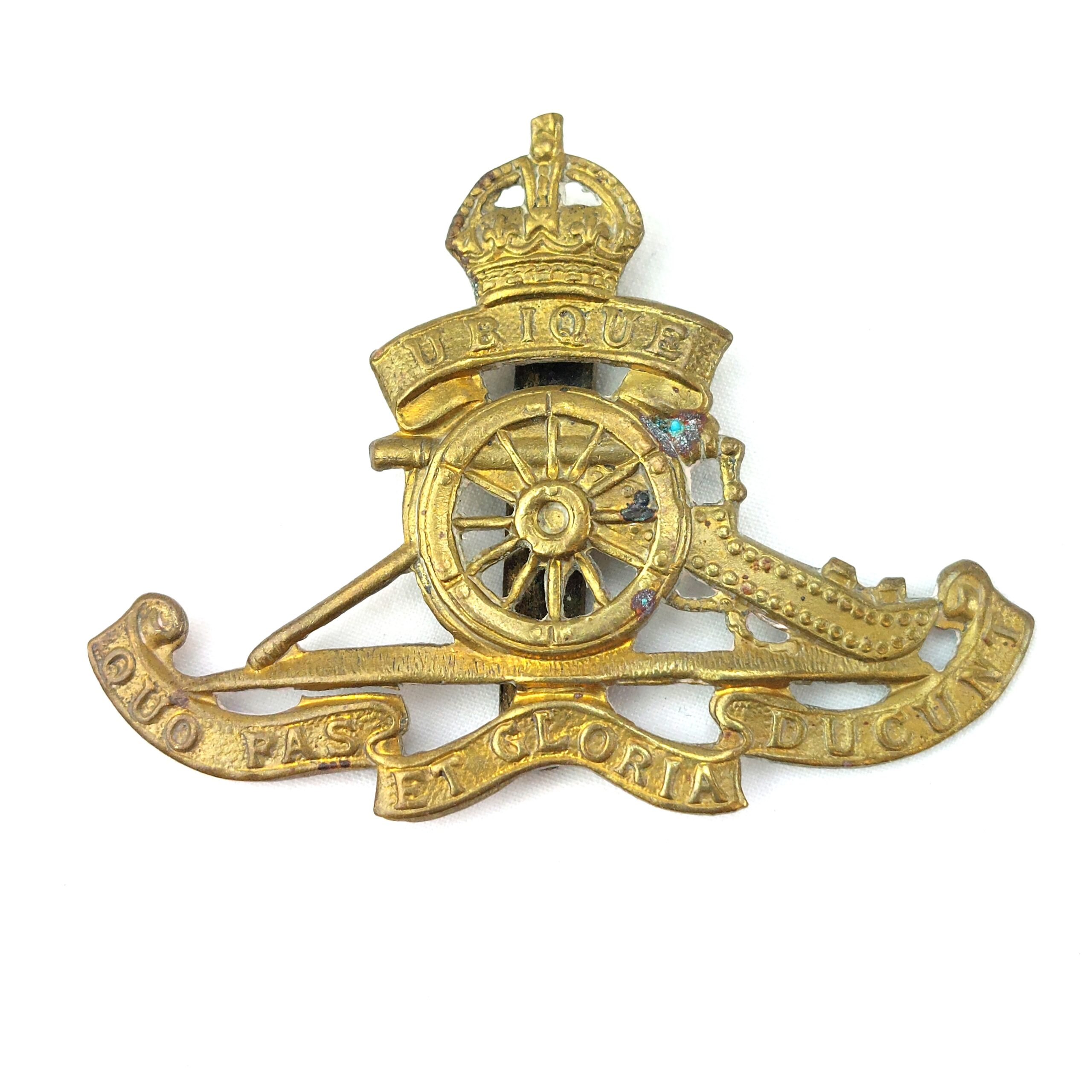British, Royal Artillery Brass Cap Badge, Kings Crown, Brass Slide