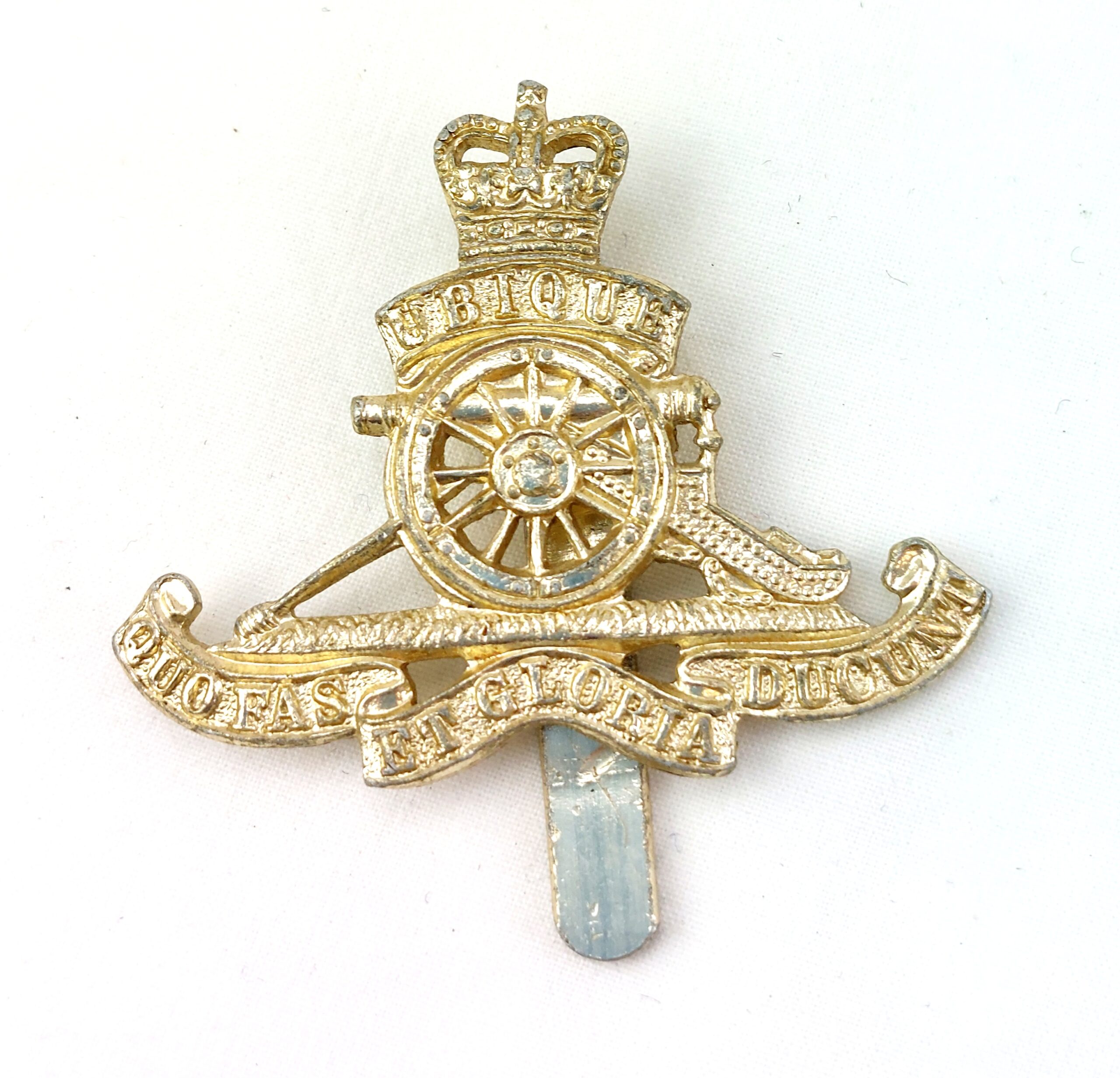 British, Royal Artillery Staybright Cap Badge, Queens Crown, Small, Marked JR Gaunt London