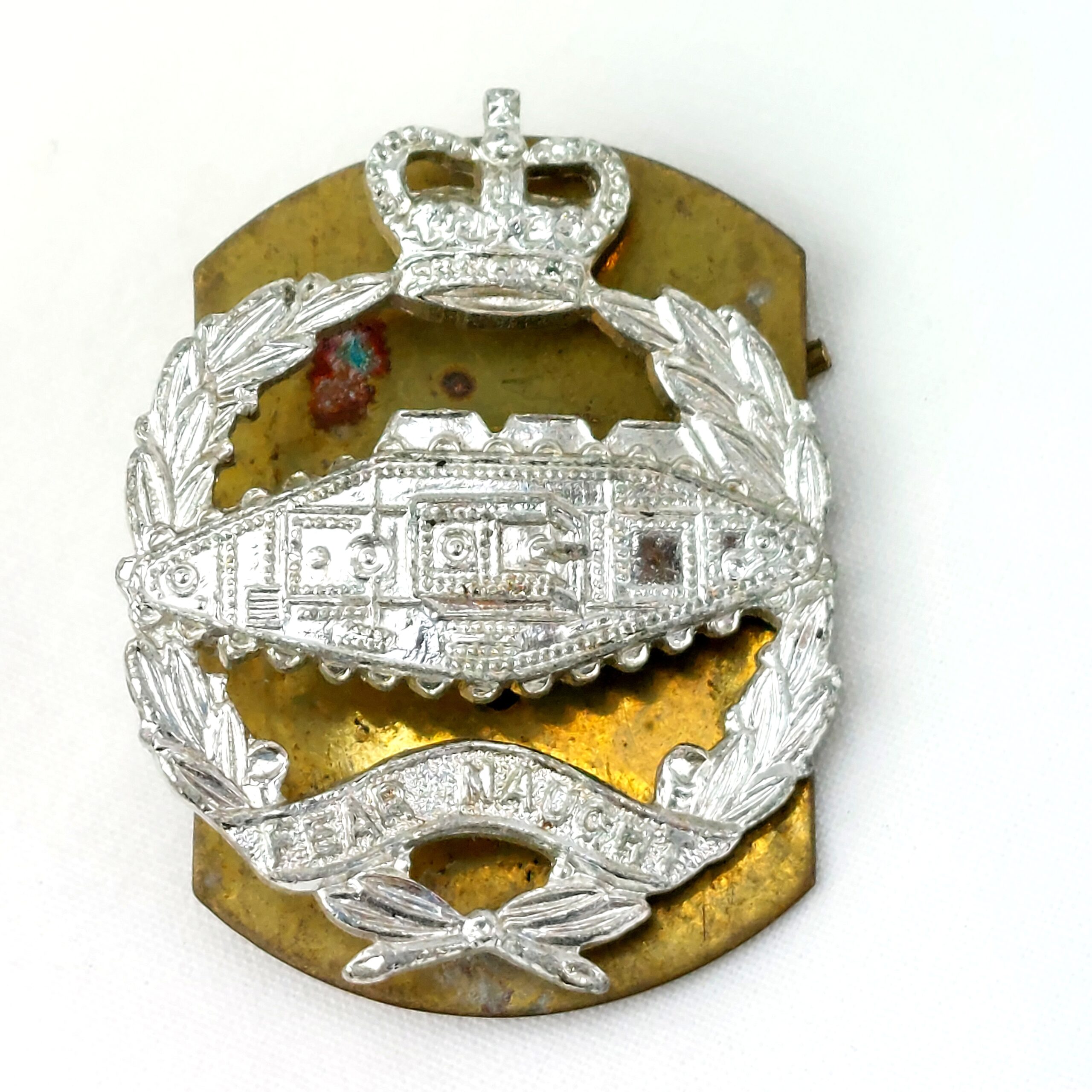 British, Royal Tank Regiment White Metal Collar Badge "Fear Naught", Queens Crown