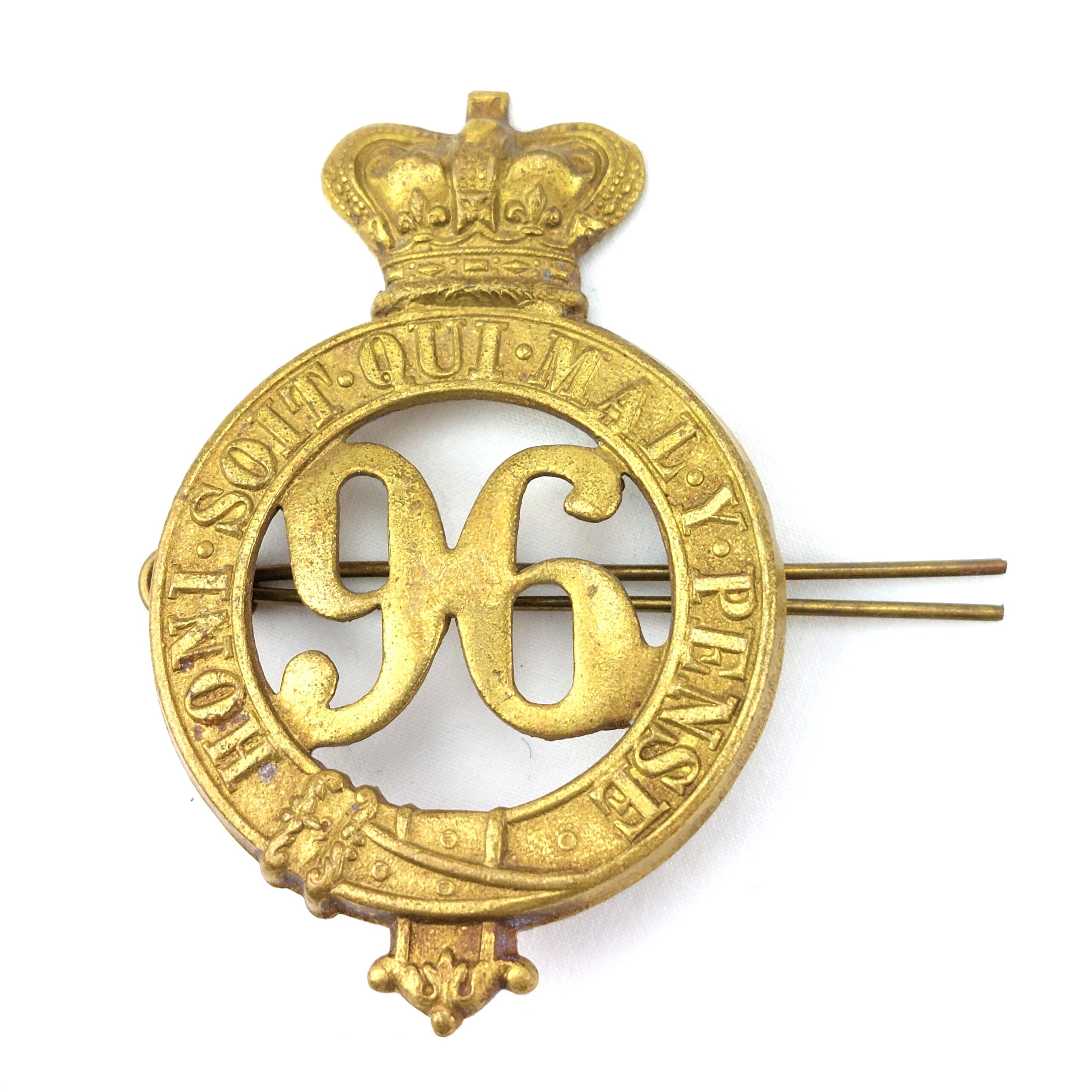 British, Victorian, 96th Regiment Manchester Glengarry Brass Cap Badge, Queen Victoria Crown, 2 Lugs