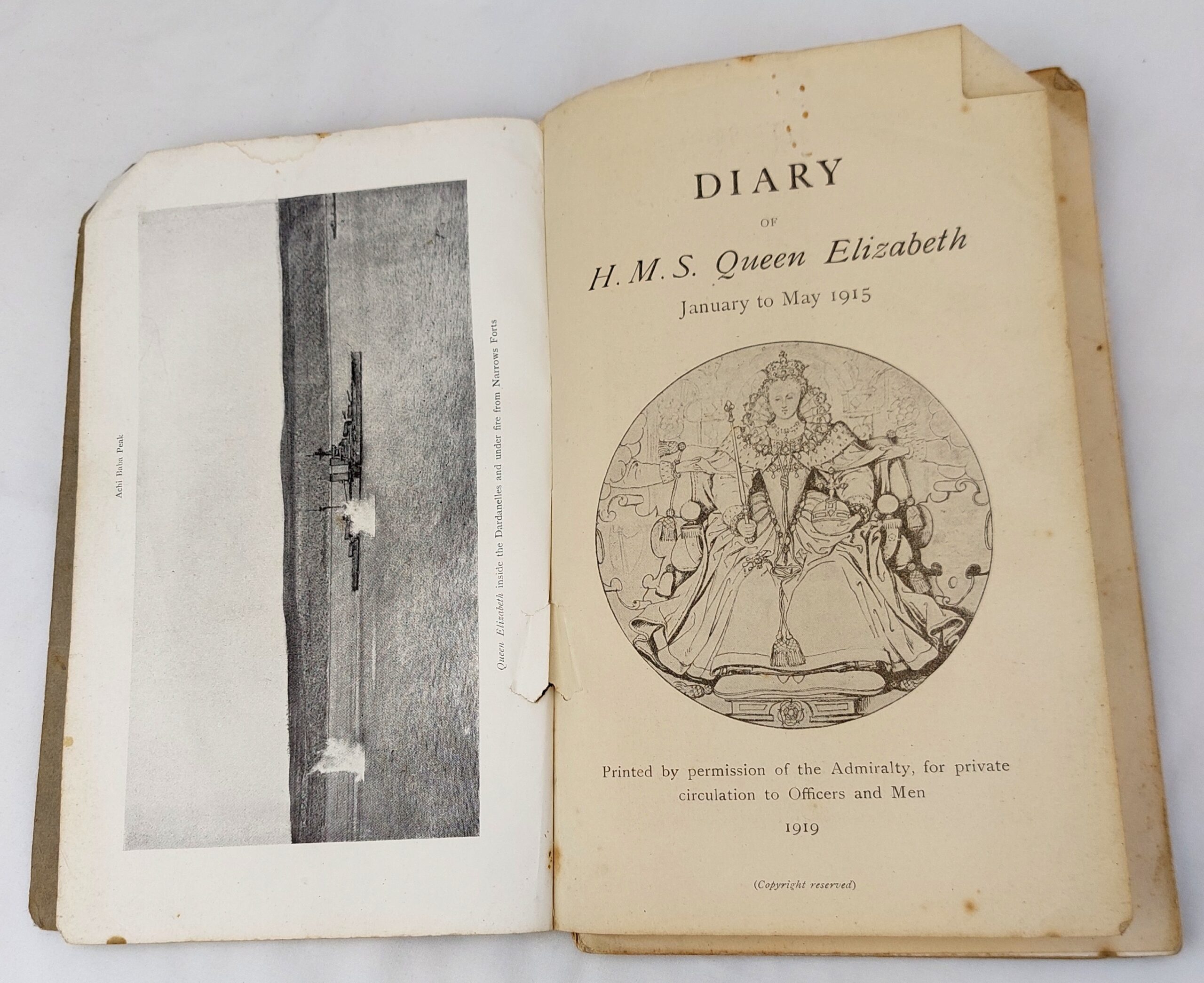 British, WW1, Gallipoli Campaign, Very Rare: The Diary of H.M.S. Queen Elizabeth - January to May 1915, Printed by Permission of the Admiralty for Private Circulation to Officers and Men 1919, Printed by George Waterston & Sons Ltd. Edinburgh and London - Image 3