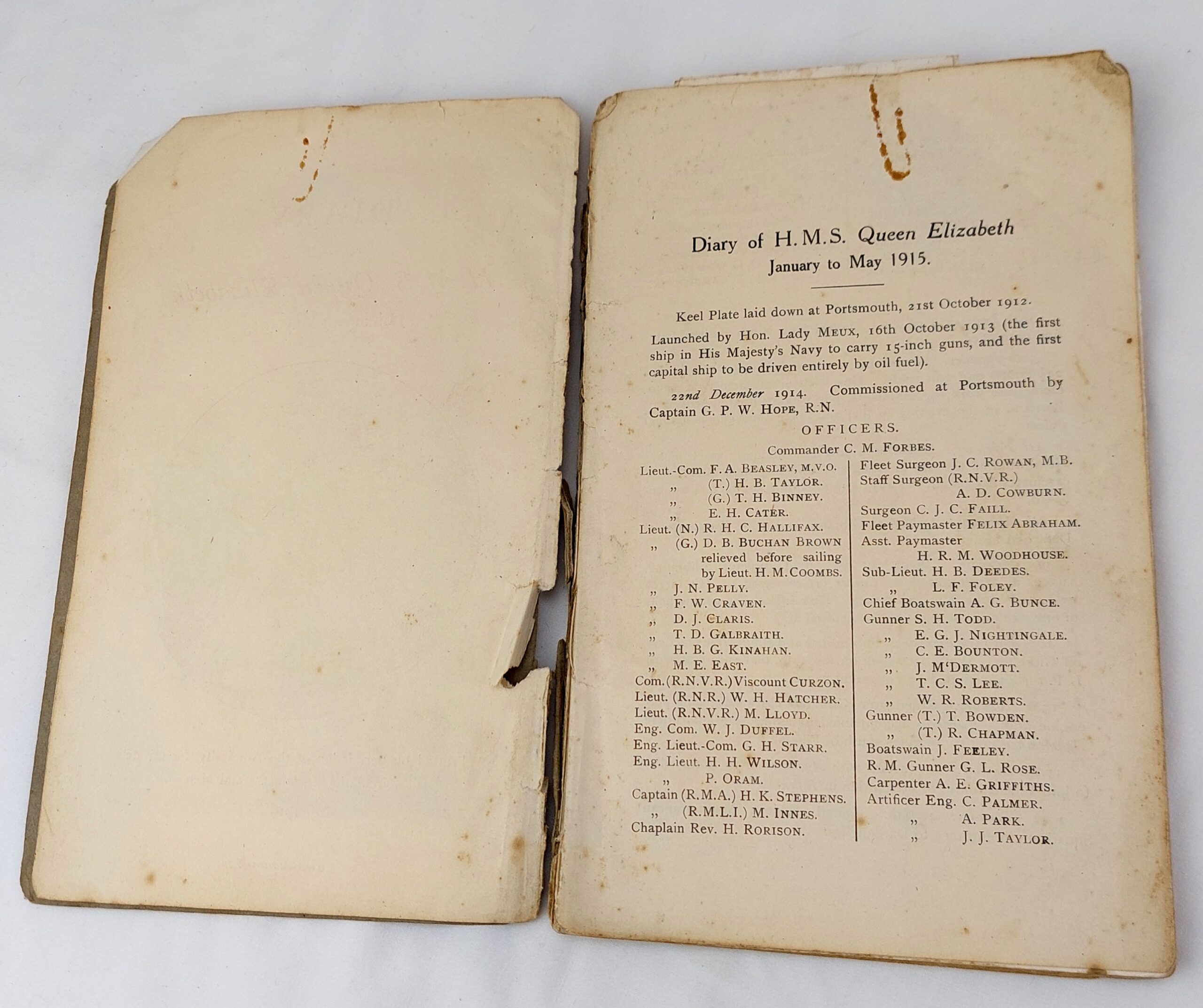 British, WW1, Gallipoli Campaign, Very Rare: The Diary of H.M.S. Queen Elizabeth - January to May 1915, Printed by Permission of the Admiralty for Private Circulation to Officers and Men 1919, Printed by George Waterston & Sons Ltd. Edinburgh and London - Image 4