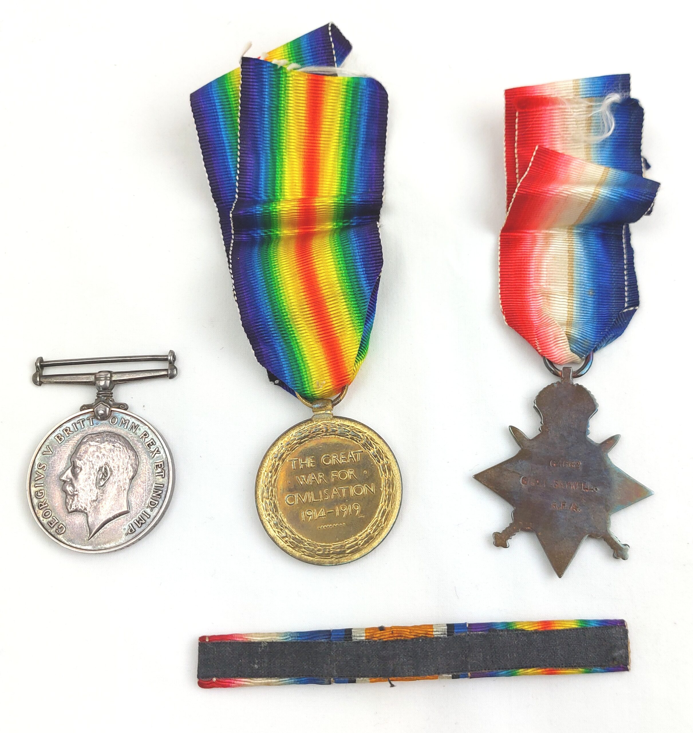 British, WW1, Three Medals to 64662 Gunner F. Saywell, Royal Field Artillery, Great War Medal (no ribbon), Victory Medal, 1914 Mons Star with ribbon bar with rosette, with ribbons, Unmounted - Image 2