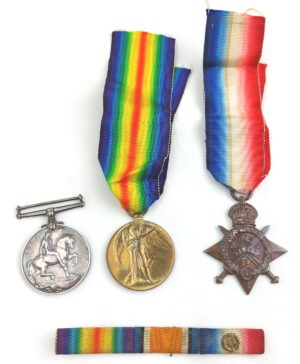British, WW1, Three Medals to 64662 Gunner F. Saywell, Royal Field Artillery, Great War Medal (no ribbon), Victory Medal, 1914 Mons Star with ribbon bar with rosette, with ribbons, Unmounted