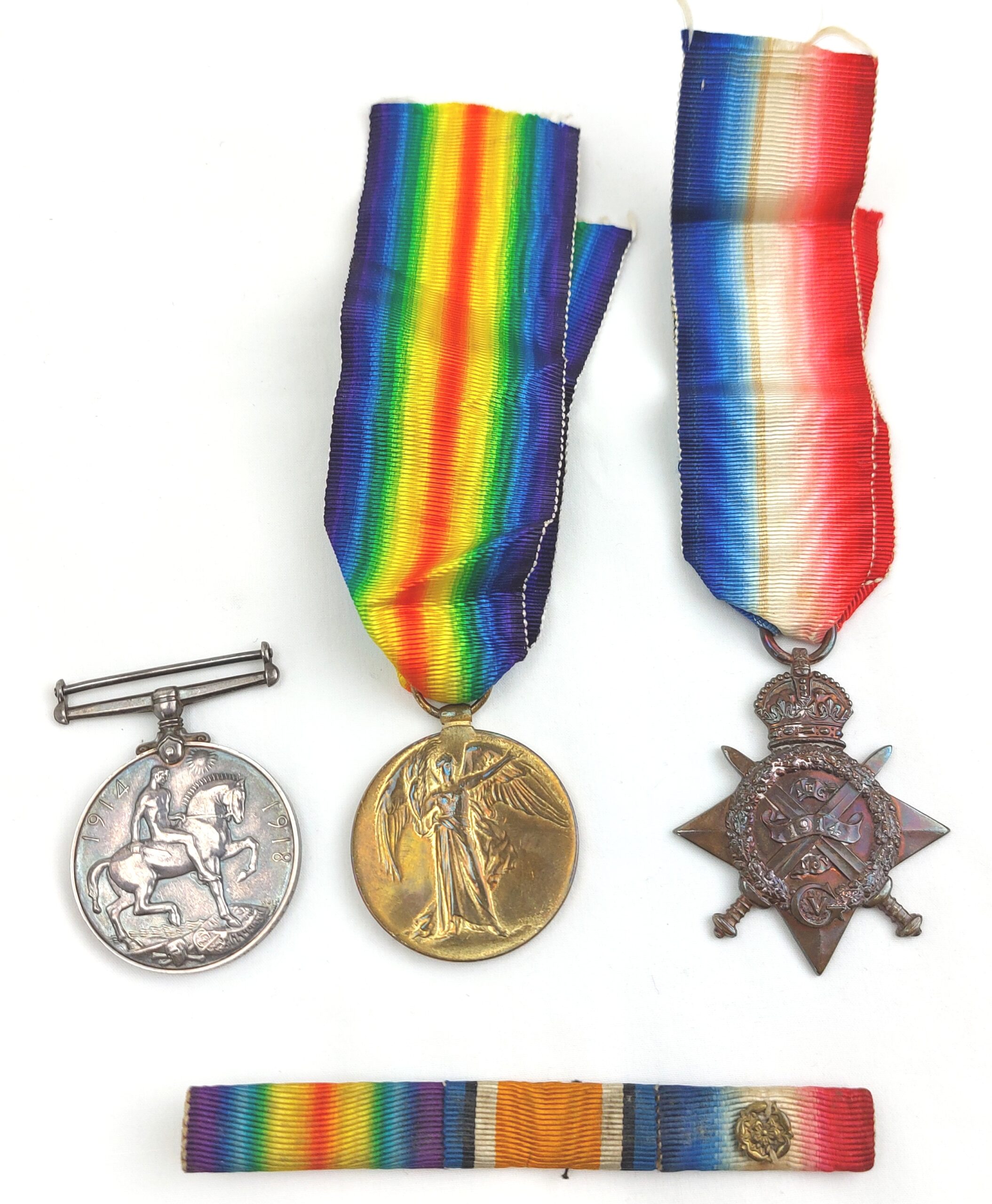 British, WW1, Three Medals to 64662 Gunner F. Saywell, Royal Field Artillery, Great War Medal (no ribbon), Victory Medal, 1914 Mons Star with ribbon bar with rosette, with ribbons, Unmounted