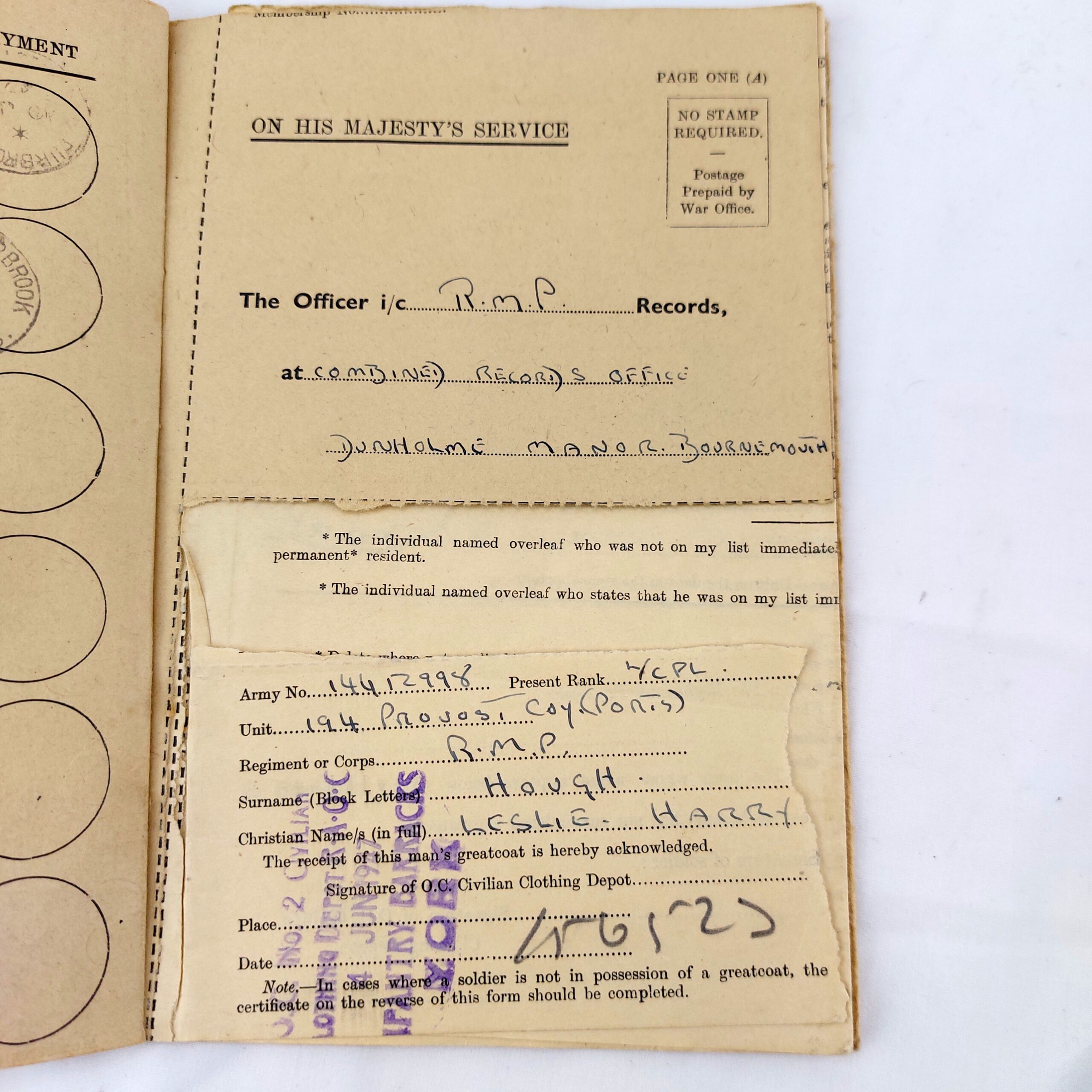 British, WW2, Medals and Service records for L.Cpl Leslie H.E. Hough, The France and Germany Star, The 1939-1945 Star, The WW2 War Medal 1939-1945, WW2 Issue letter for medals, Record of Service, The Hampshire Regt (36th & 7th Foot) Regimental History Booklet, Newspaper Clipping of Hampshire Reg't Wounded, EIIR Royal Military Police Blazer Badge, Soldier's Release Book Class A, National Registration Identity Card, Book of 12 B&W Photographs 1940-1944 Oostende - Image 20