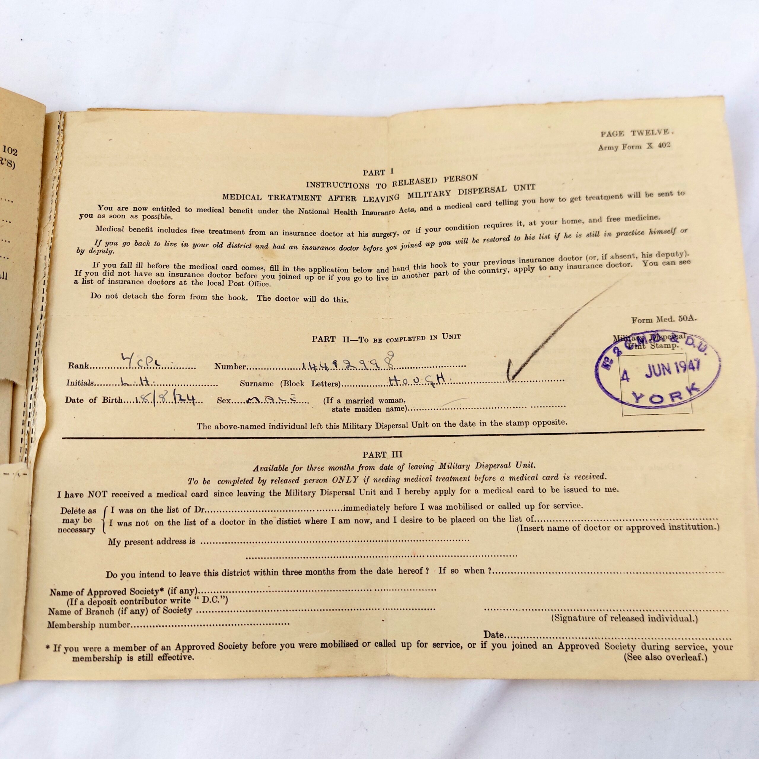 British, WW2, Medals and Service records for L.Cpl Leslie H.E. Hough, The France and Germany Star, The 1939-1945 Star, The WW2 War Medal 1939-1945, WW2 Issue letter for medals, Record of Service, The Hampshire Regt (36th & 7th Foot) Regimental History Booklet, Newspaper Clipping of Hampshire Reg't Wounded, EIIR Royal Military Police Blazer Badge, Soldier's Release Book Class A, National Registration Identity Card, Book of 12 B&W Photographs 1940-1944 Oostende - Image 21