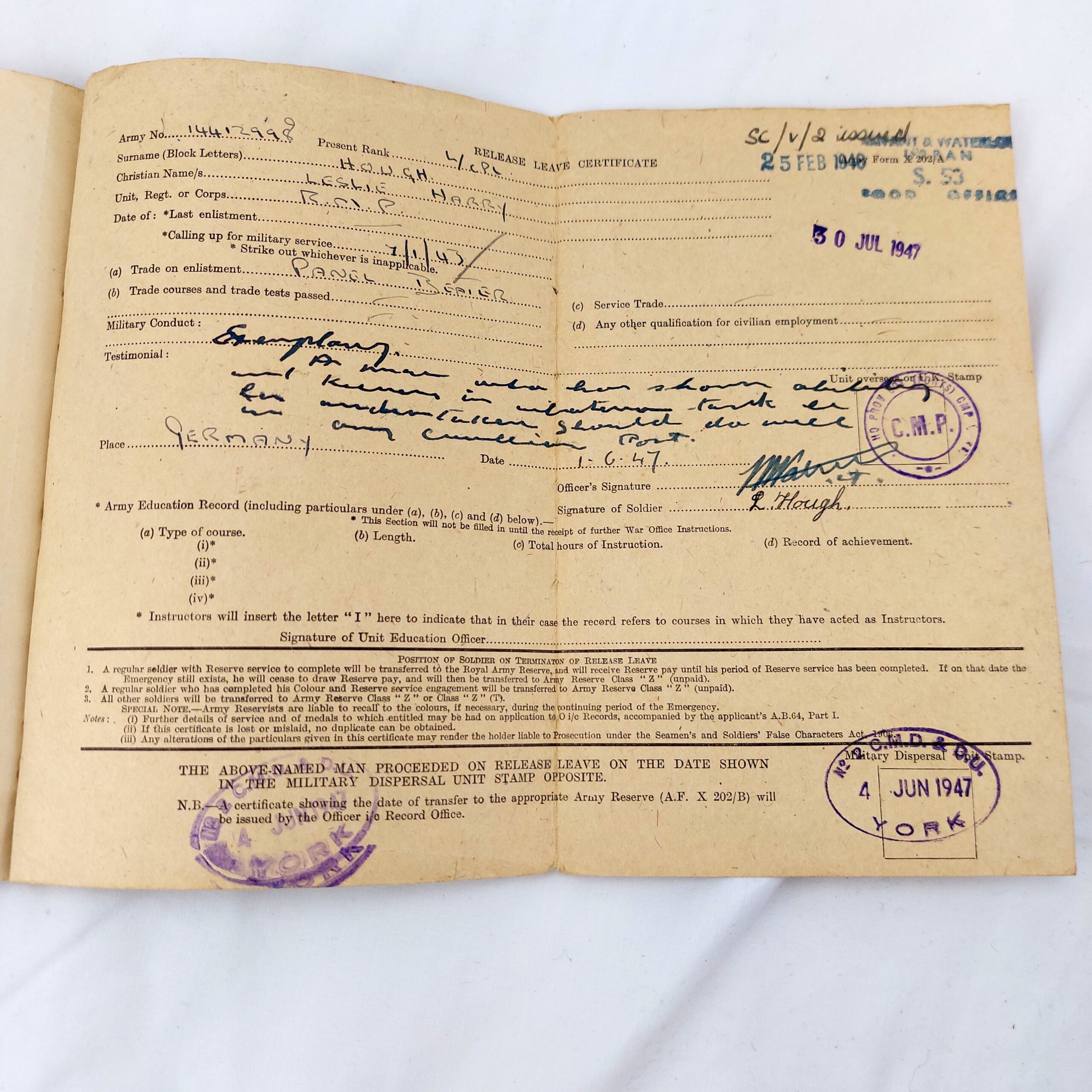British, WW2, Medals and Service records for L.Cpl Leslie H.E. Hough, The France and Germany Star, The 1939-1945 Star, The WW2 War Medal 1939-1945, WW2 Issue letter for medals, Record of Service, The Hampshire Regt (36th & 7th Foot) Regimental History Booklet, Newspaper Clipping of Hampshire Reg't Wounded, EIIR Royal Military Police Blazer Badge, Soldier's Release Book Class A, National Registration Identity Card, Book of 12 B&W Photographs 1940-1944 Oostende - Image 22