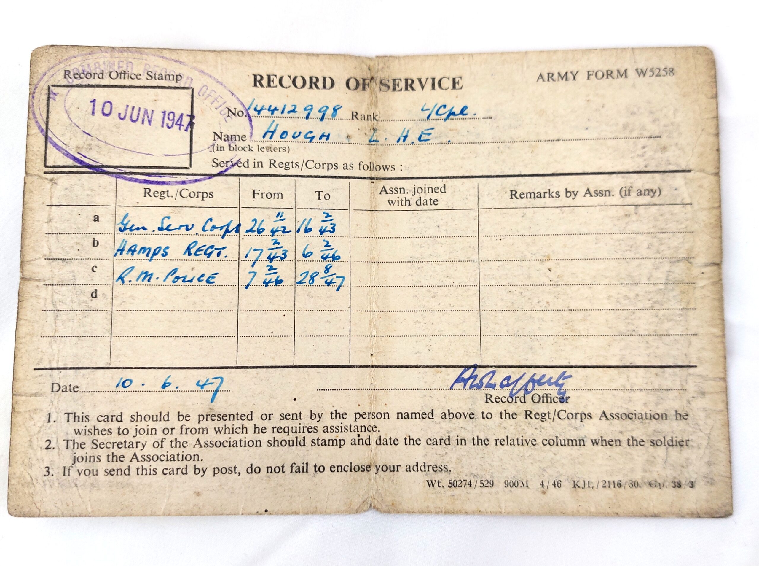British, WW2, Medals and Service records for L.Cpl Leslie H.E. Hough, The France and Germany Star, The 1939-1945 Star, The WW2 War Medal 1939-1945, WW2 Issue letter for medals, Record of Service, The Hampshire Regt (36th & 7th Foot) Regimental History Booklet, Newspaper Clipping of Hampshire Reg't Wounded, EIIR Royal Military Police Blazer Badge, Soldier's Release Book Class A, National Registration Identity Card, Book of 12 B&W Photographs 1940-1944 Oostende - Image 11