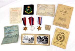 British, WW2, Medals and Service records for L.Cpl Leslie H.E. Hough, The France and Germany Star, The 1939-1945 Star, The WW2 War Medal 1939-1945, WW2 Issue letter for medals, Record of Service, The Hampshire Regt (36th & 7th Foot) Regimental History Booklet, Newspaper Clipping of Hampshire Reg't Wounded, EIIR Royal Military Police Blazer Badge, Soldier's Release Book Class A, National Registration Identity Card, Book of 12 B&W Photographs 1940-1944 Oostende