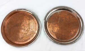 British, WW2, VE and VJ Commemorative Copper Plates with Military Maps drawn by A. Fedoroff, Made by Mappin & Webb Ltd London & Sheffield