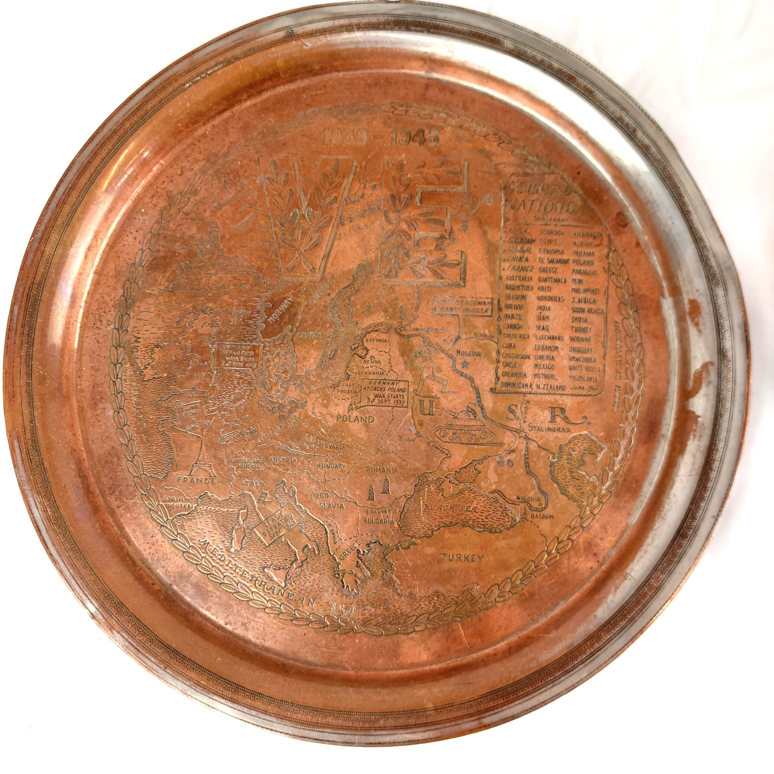 British, WW2, VE and VJ Commemorative Copper Plates with Military Maps drawn by A. Fedoroff, Made by Mappin & Webb Ltd London & Sheffield - Image 3